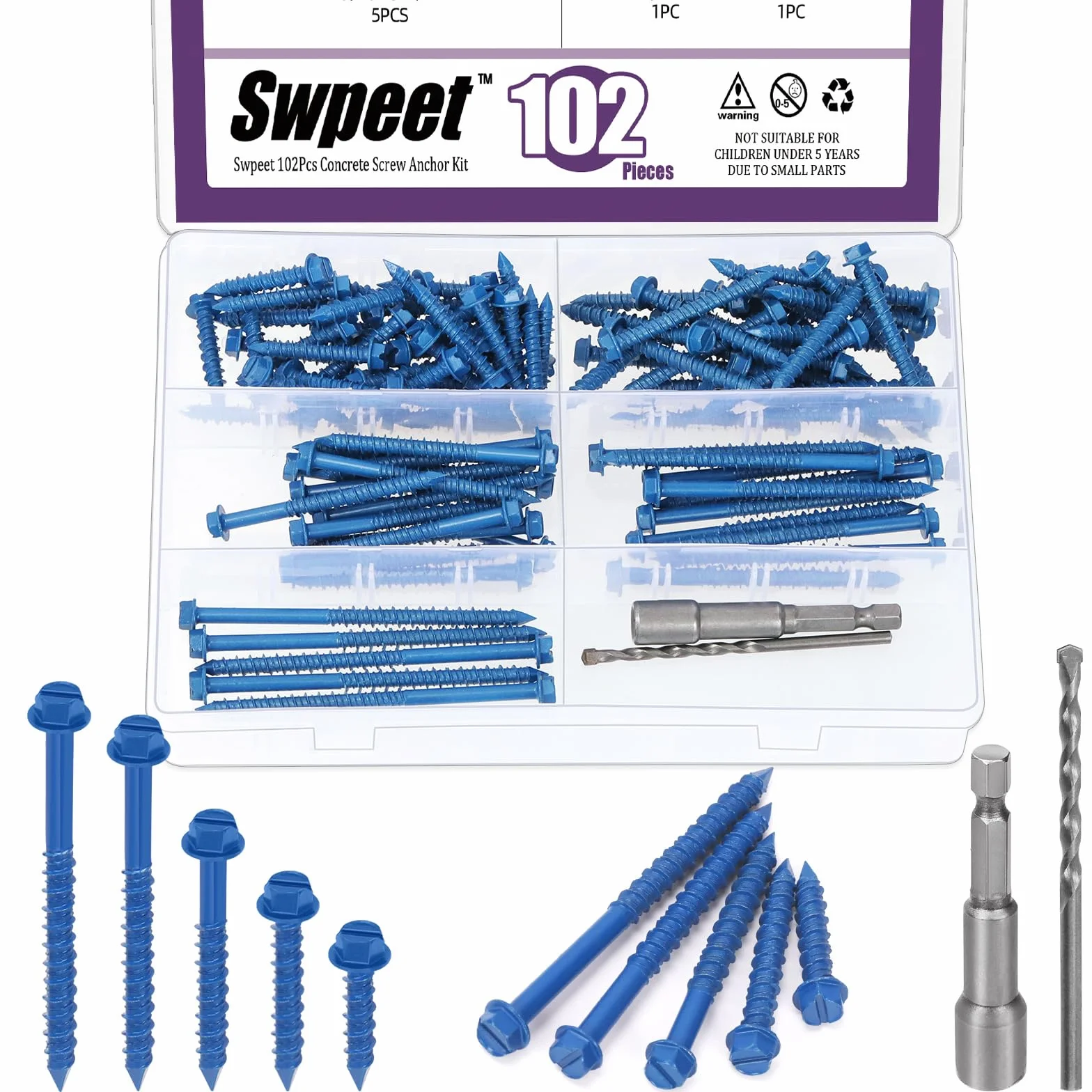 Swpeet 102 szt. 5 rozmiarów 3/16" łeb do mycia sześciokątnego wkręty do betonu z gniazdem sześciokątnym i zestawem wierteł, śruby do mocowania na murze