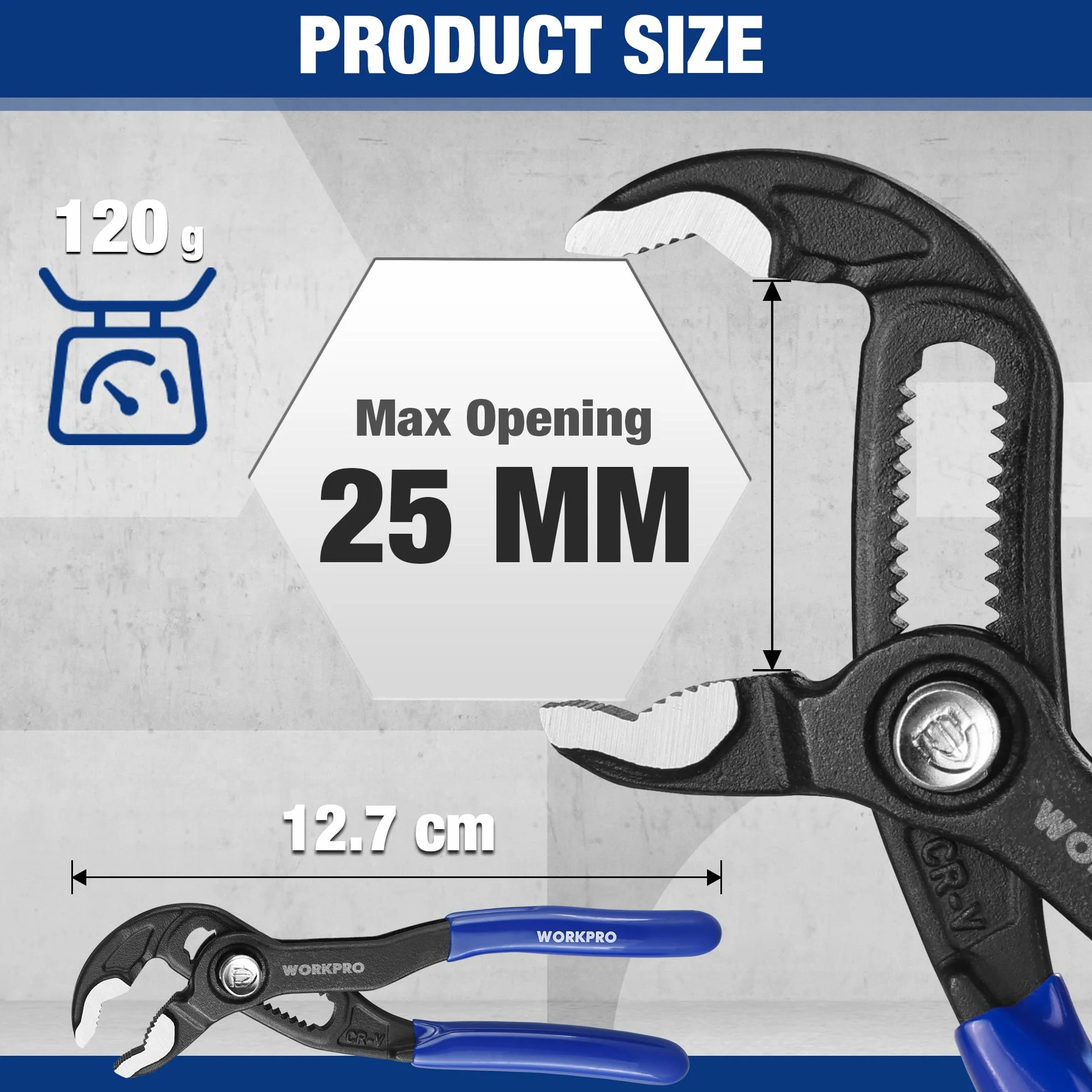 WORKPRO Mini szczypce do pomp wodnych 120 mm, szerokość 25 mm, pojemność szczęk, szybkie regulowane, stalowe szczypce do języka i rowków Cr-V, do naprawy domu, chwytania, nakrętek, śrub, rur i