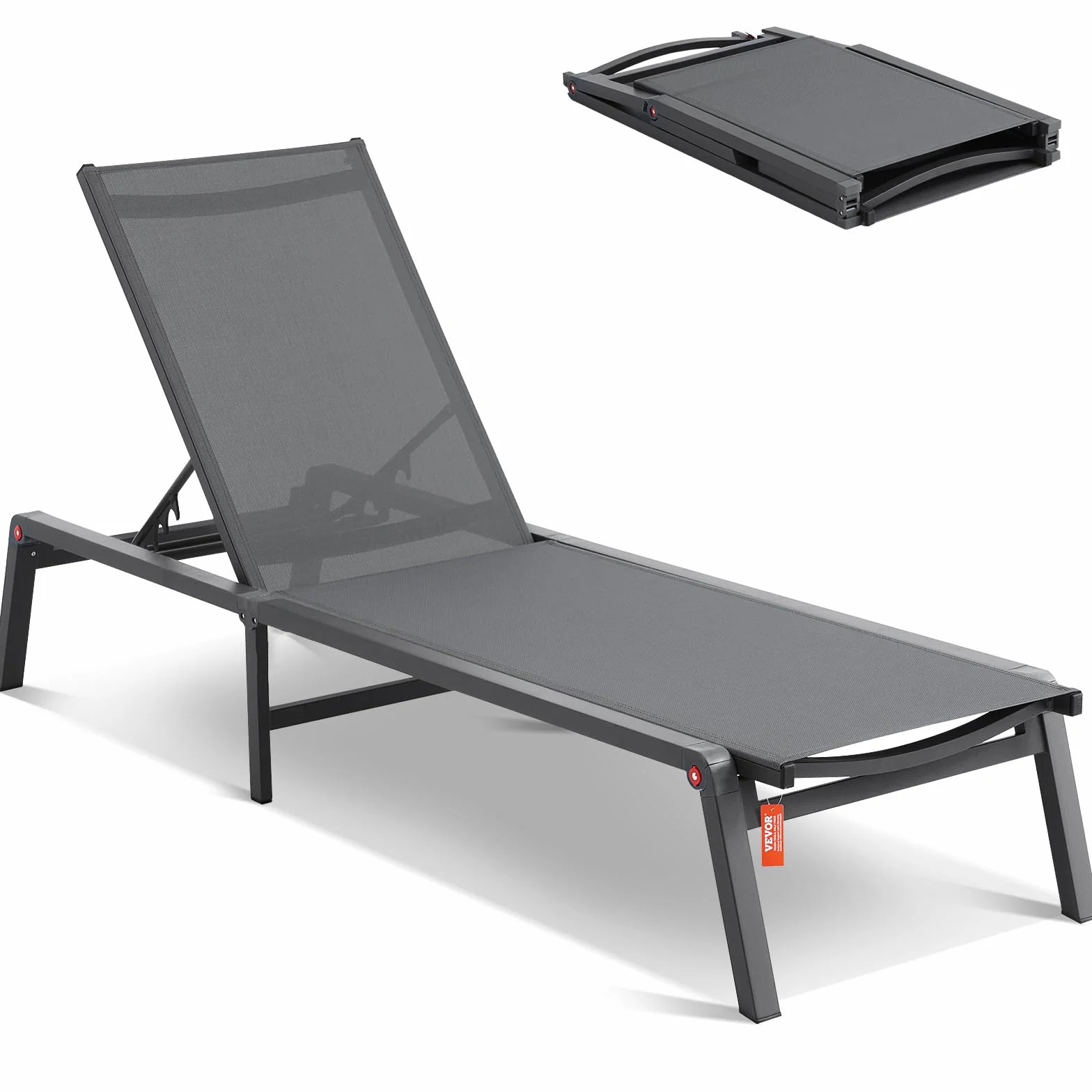 VEVOR Aluminiowe leżaki zewnętrzne, składane krzesła ogrodowe z 5 regulowanymi pozycjami, leżakami do basenu lub płaskiego opalania, na patio, plażę, basen, szare krzesła