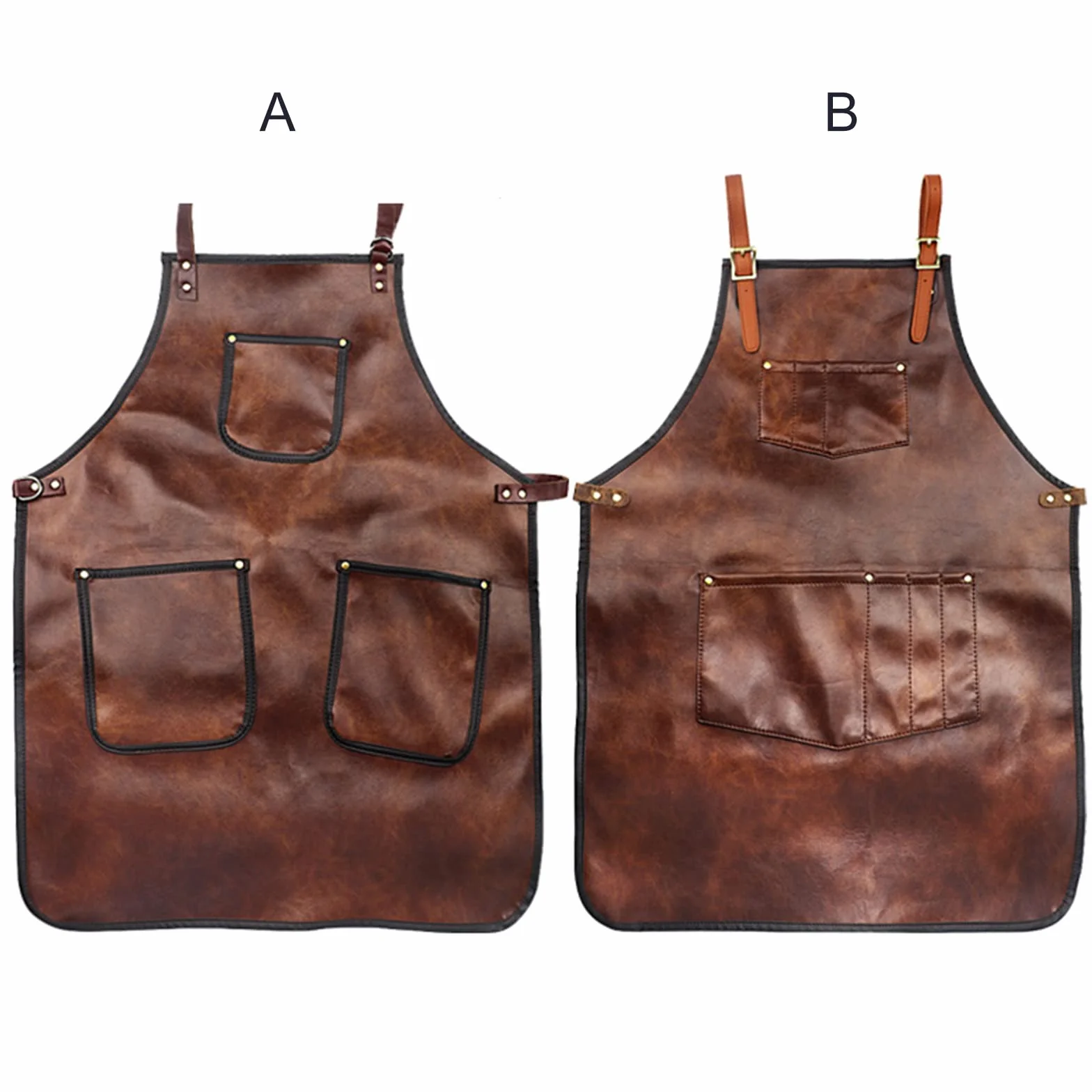 Szef Kuchni Fartuch Dla Mężczyzn i Kobiet - Wodoodporny PU Skórzany z Kieszeniami, Cross-Back Paski Do Kuchni, BBQ, Fryzjer, Barman, Handworking - Brązowy, B