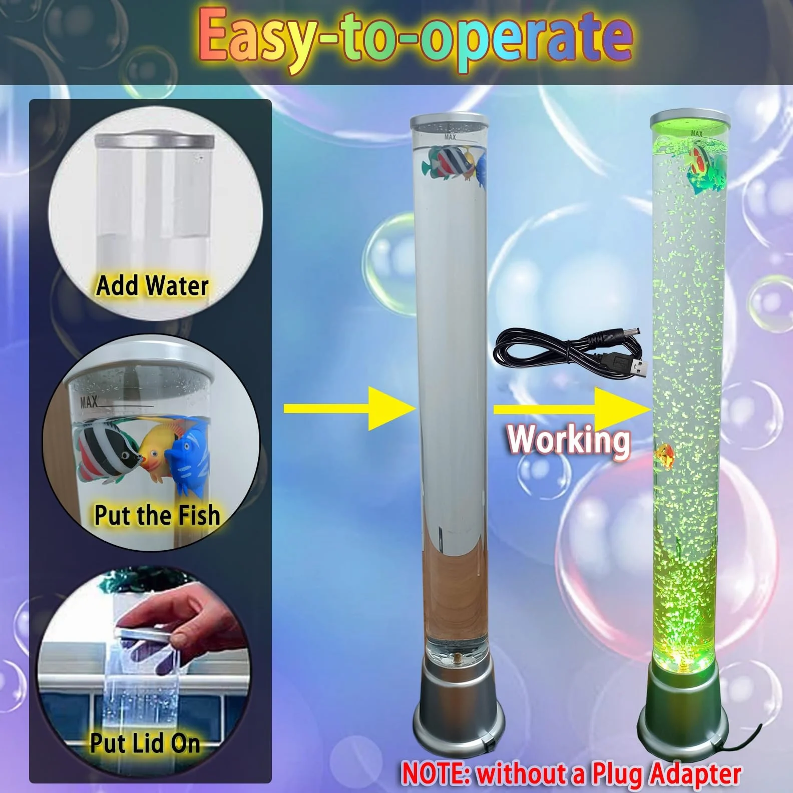 2,5FT Sensoryczna Lampa LED Bubble Fish Tube Podłogowa Lampa Lawowa Z 7 Zmieniającymi Kolor Efektami Świetlnymi Akwarium Lampka Nocna I Prezent Dla Autyzmu