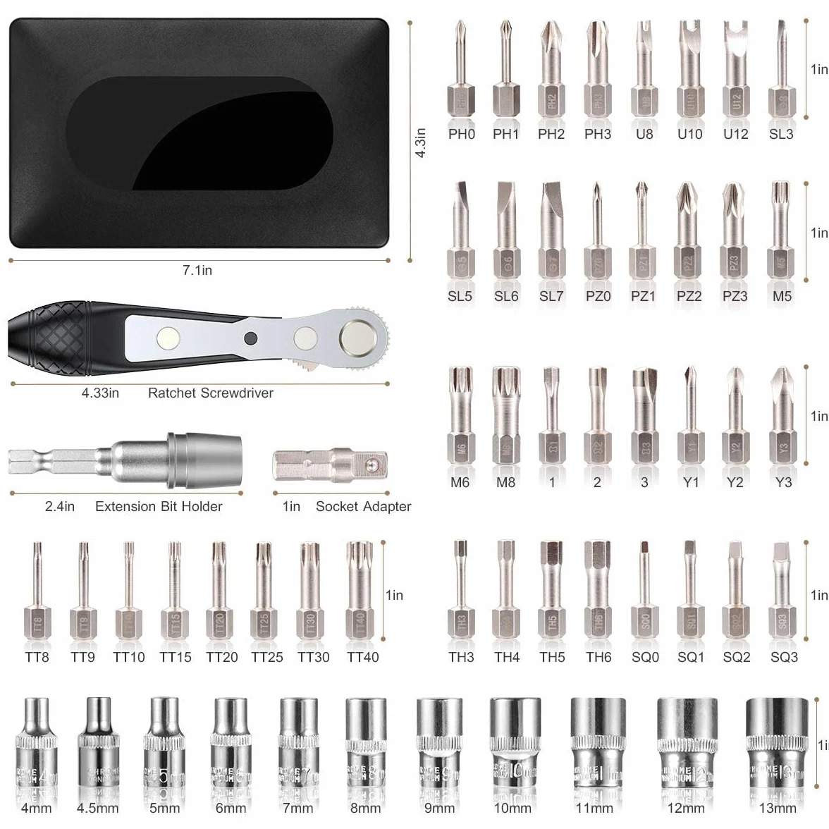 GreaTalent 54 w 1 S2 stalowy mini klucz grzechotkowy zestaw bitów z trzpieniem sześciokątnym 1/4", gniazdo napędowe 1/4", adapter nasadowy, uchwyt przedłużający, zębatka 36-zębowa