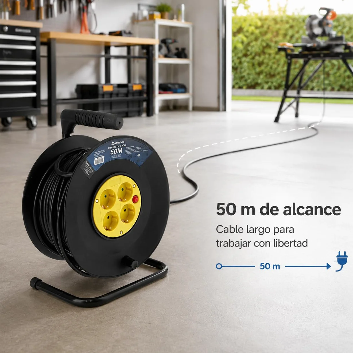 M mimotec - Zewnętrzny zwijacz kabla 50 m 4 gniazda 3200W 16A | Kabel H05VV-F 3G1,5 mm² | Ochrona dzieci | Przedłużacz elektryczny do ogrodu, garażu i warsztatu