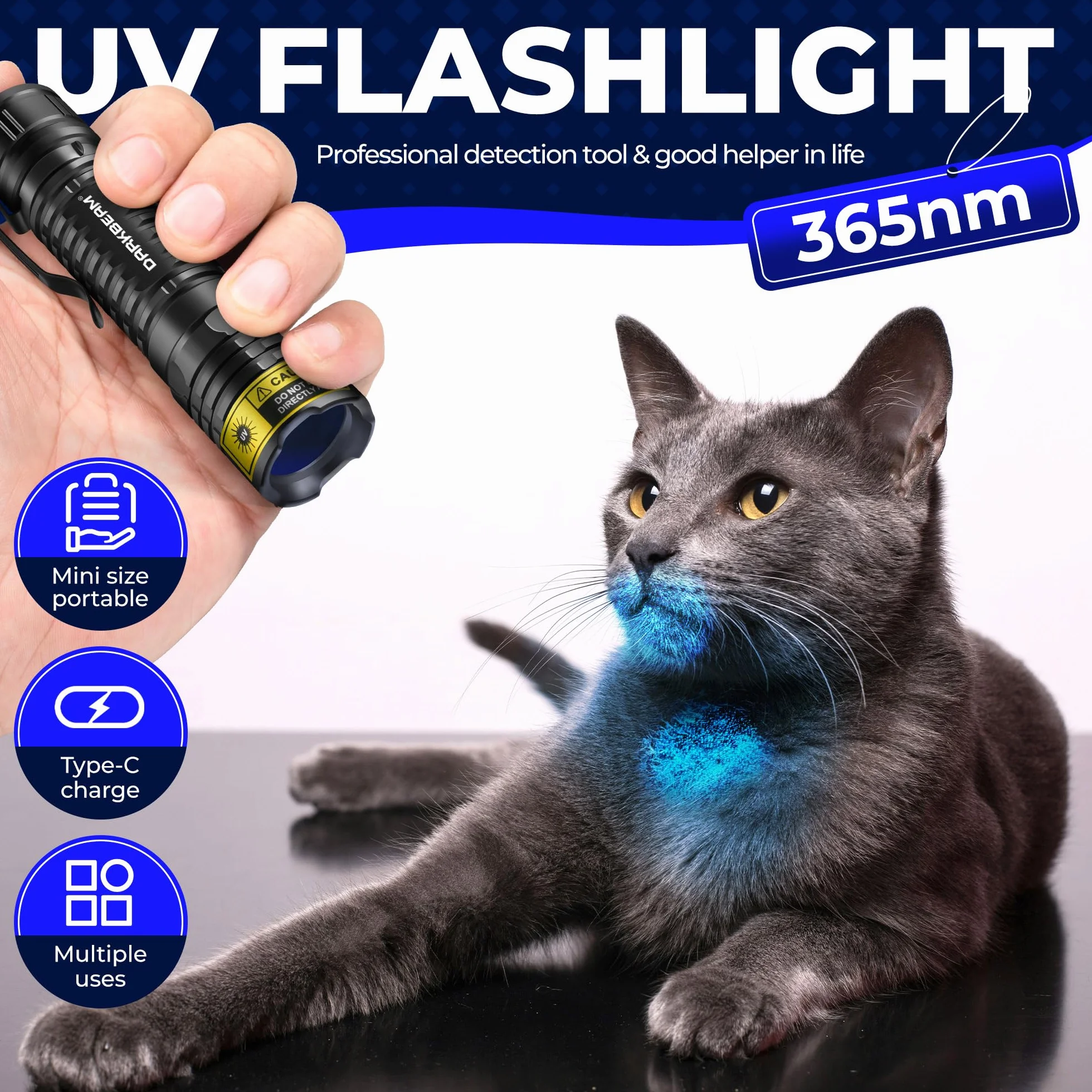 DARKBEAM Latarka UV 365nm Blacklight Czarne światło LED, Mini potężna Woodsche Lampa Latarki ultrafioletowe USB -C Akumulator Detektor moczu dla kota do szkła uranowego, Minerały, utwardzania żywicy