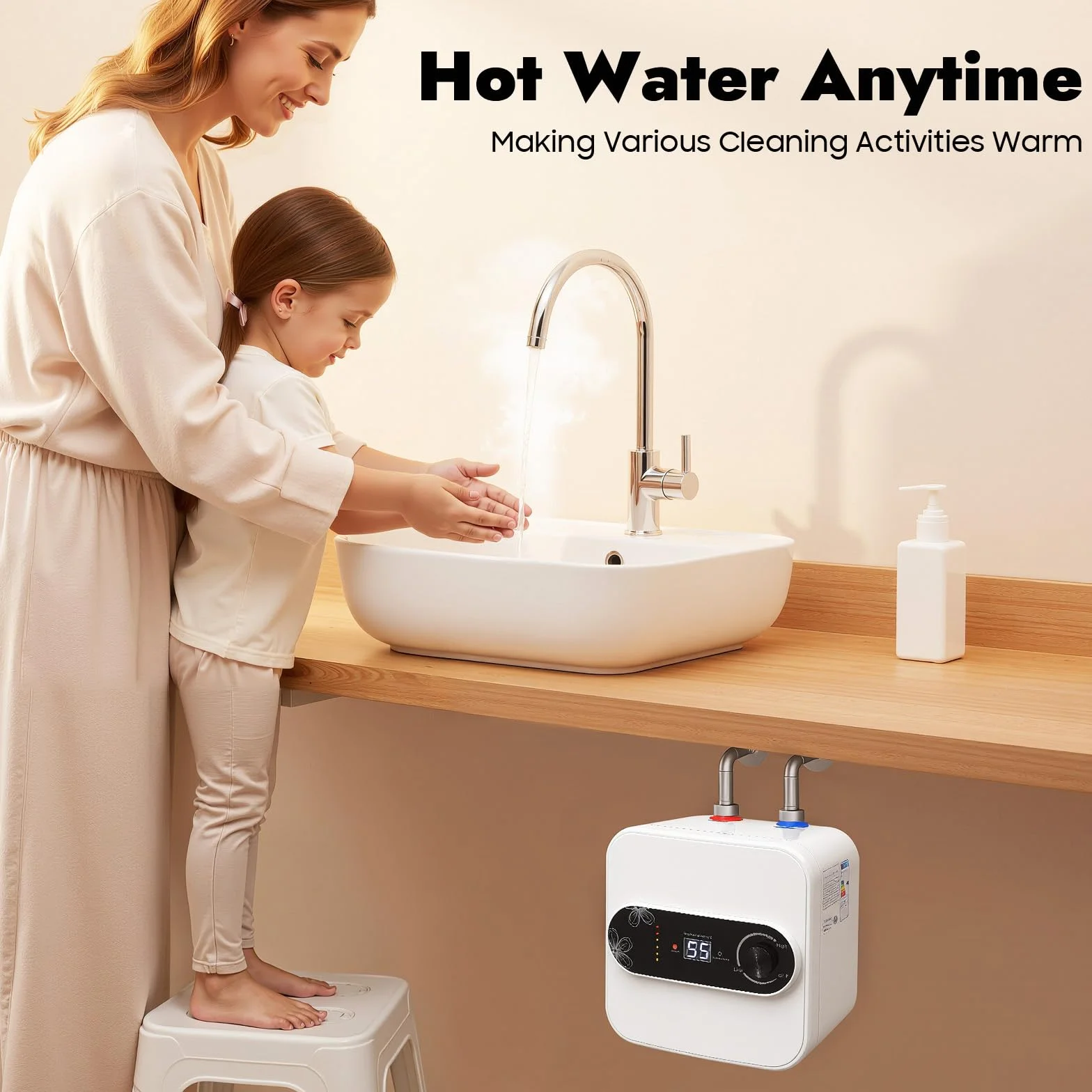 MINRS Podszafkowy bojler do kuchni, pojemność 1500 W, 220 V, podgrzewacz wody 30-65°C, do umywalek, kuchni, łazienki, biały