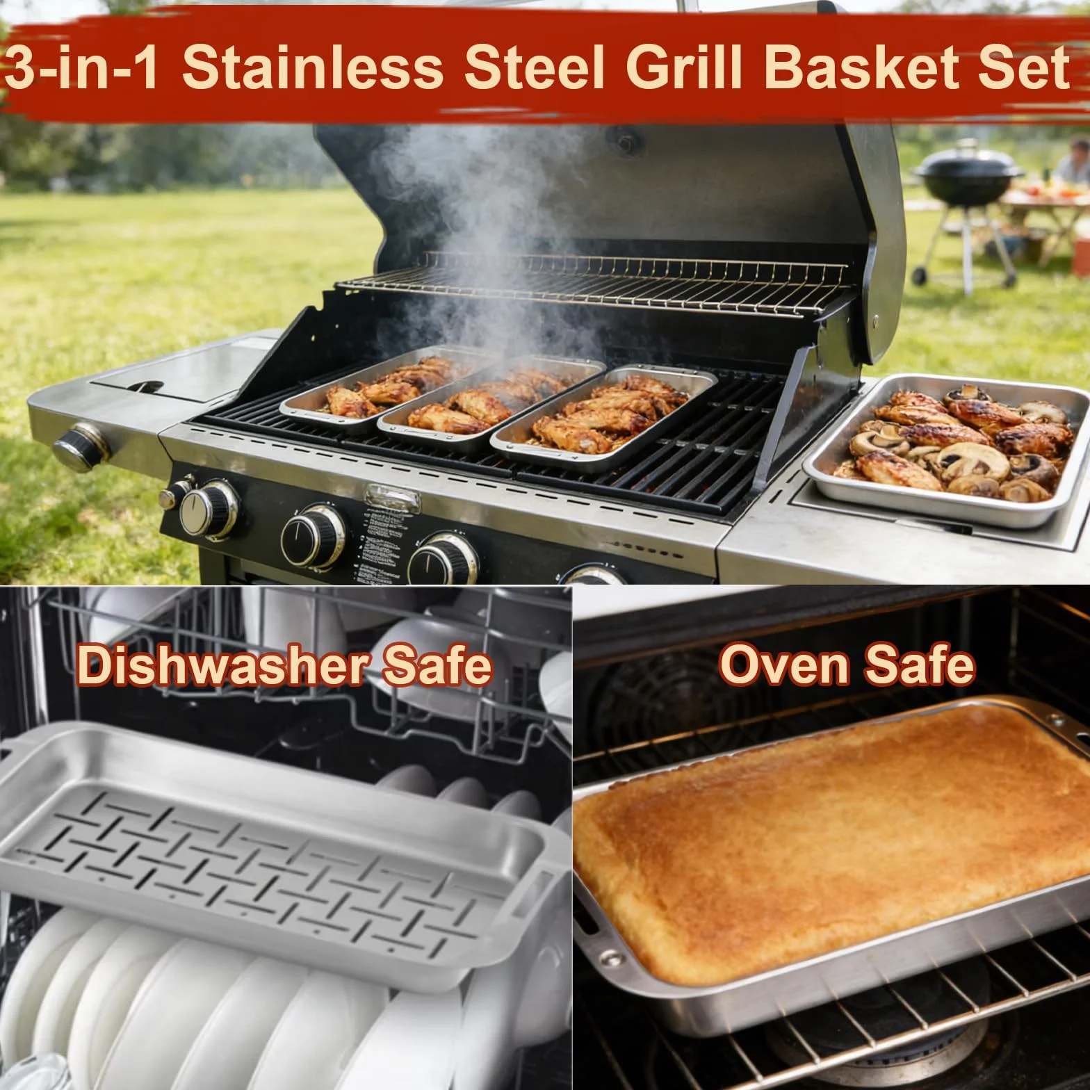 Denmay Zestaw patelni do grillowania, stal nierdzewna, z uchwytem, do grilla gazowego i węglowego – uniwersalne akcesoria do patelni Weber, Enders, Charbroil Grill, 3 kosze do grillowania + 1 tacka do