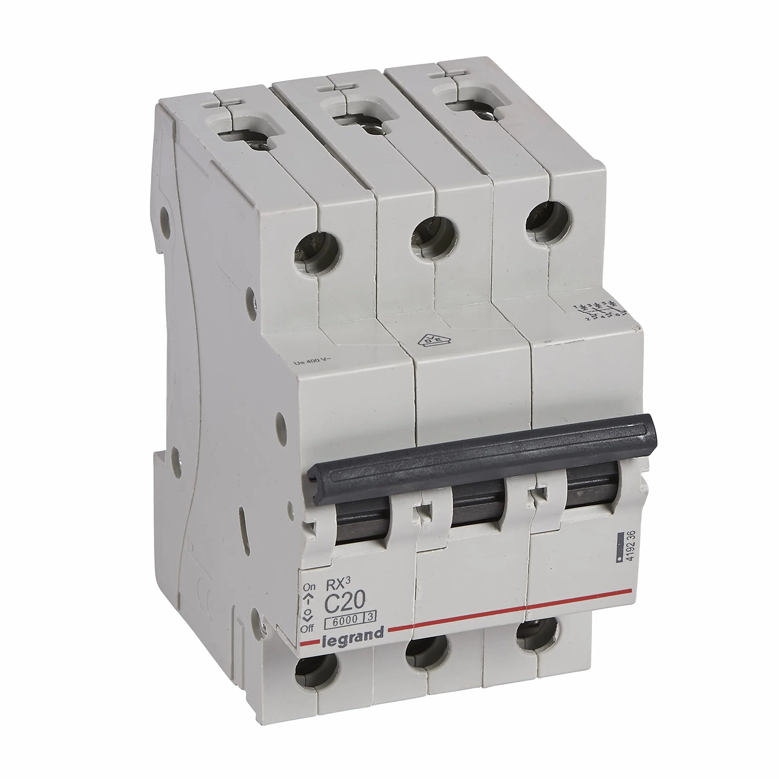 LEGRAND, RX3 wyłącznik nadprądowy, termiczno-magnetyczny wyłącznik automatyczny, charakterystyka C, 20 A, 3-biegunowy, zdolność wyłączania 6000 A, 400 V AC, 3TE, 419236