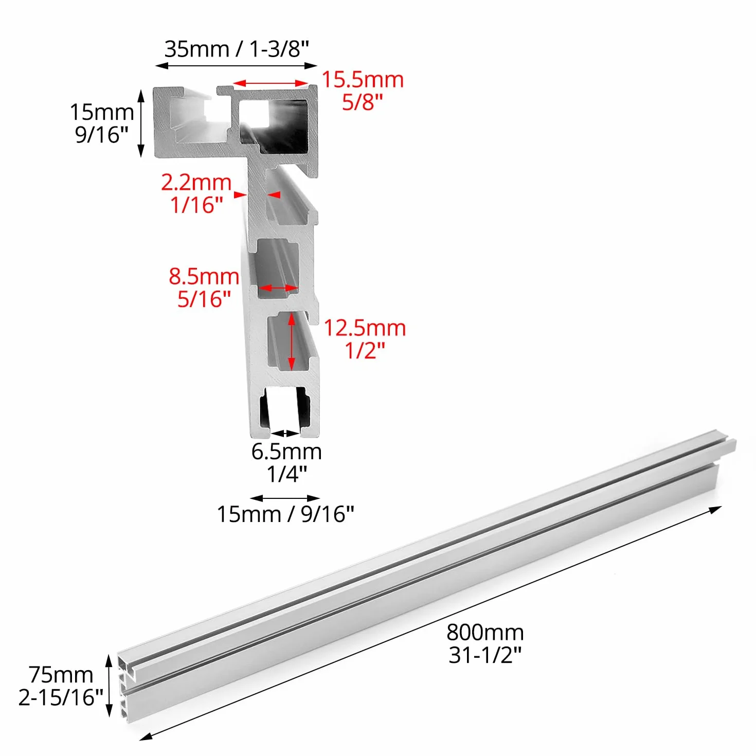 QWORK® prowadnice T Nut, 75 typ 800 mm prowadnica T-Nut, prowadnice kątowe, ze stopu aluminium, do obróbki drewna, piły tarczowej, mocowania ogrodzenia