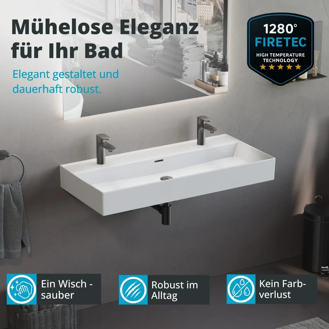 Aqua Bagno podwójna umywalka ceramiczna 100 cm biała – prostokątna, 2 otwory na baterię, nowoczesny design, montaż ścienny lub na meblu