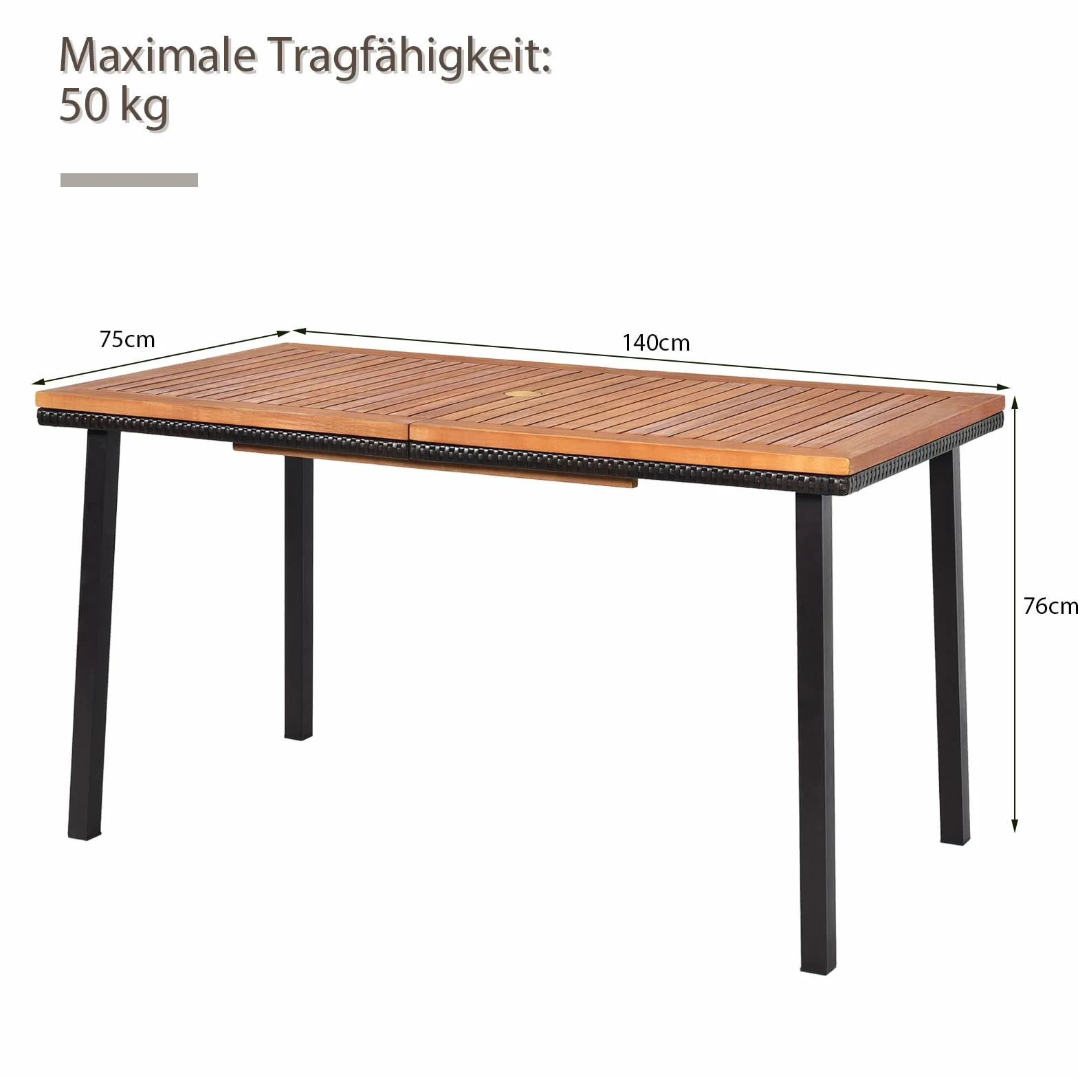 GOPLUS Stół ogrodowy z otworem na parasol, stół do jadalni z drewnianym blatem z drewna akacjowego, stół tarasowy z metalowymi nogami, meble ogrodowe/meble balkonowe, dla 6-8 osób, 140 x 75 x 76 cm
