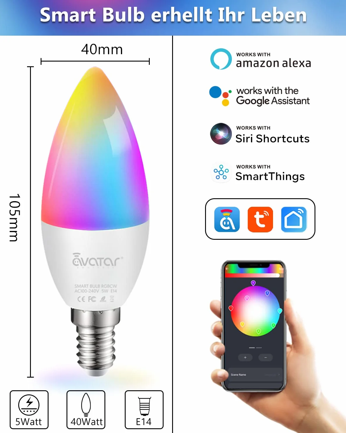 Żarówka LED Alexa E14, 5 W, 500 lm, C37, Wi-Fi, żarówka E14, ciepła biel i zimna biel, możliwość ściemniania, RGB LED, synchronizacja muzyki, pilot zdalnego sterowania, kontrola głosu, harmonogram i