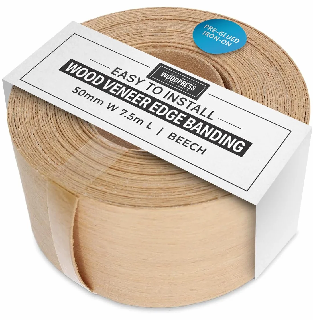 50mm Beech Veneer Edging - 7.5m Roll - Pre-Glued Iron-On Real Wood Edging Tape for Easy DIY Application