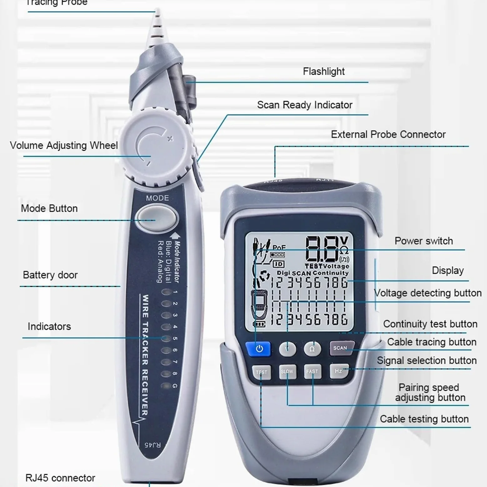 Tester kabli sieciowych Cyfrowy lokalizator przewodów Ciągłość napięcia akumulatora Sprawdzanie biegunowości Test POE Tester kabli sieciowych Detektor linii(ET613 With vibration prompt)