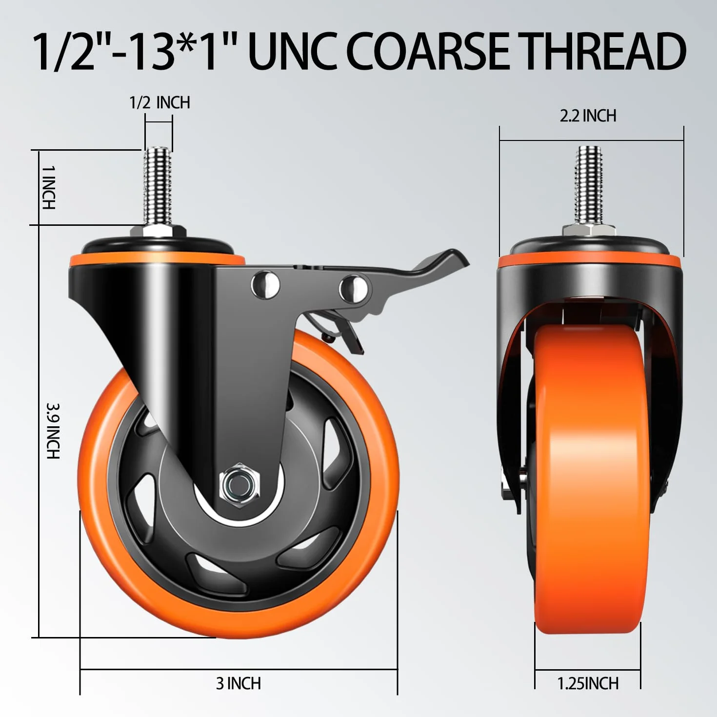 Kółka jezdne, wytrzymałe, 3-calowe, trzpień 1/2"-13 x 1 (średnica trzpienia 1/2", długość trzpienia 1"), zestaw 4 kółek z blokadą bezpieczeństwa, przemysłowe kółka jezdne do wózków i mebli