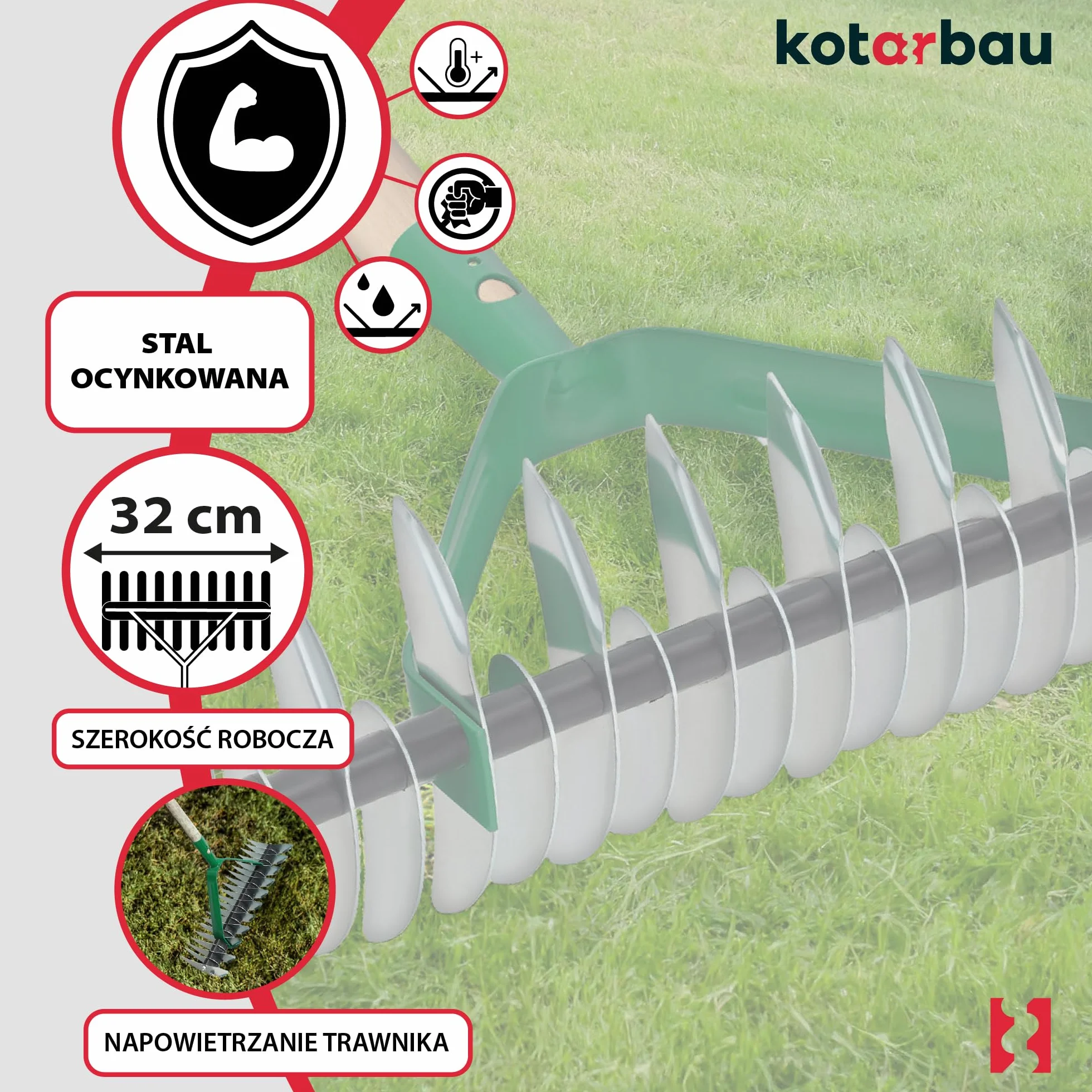 KOTARBAU® Ręczny napowietrzacz trawnika, 320 x 130 mm, wertykulator do trawnika, wertykulator ręczny
