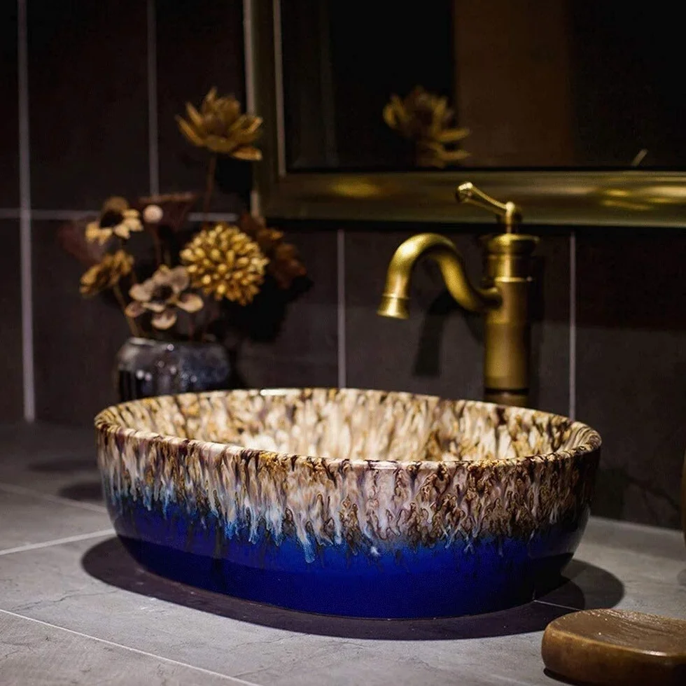 Szafka Pod Umywalkę Z Umywalką, Umywalka Nablatowa, Ceramiczna Umywalka Nablatowa, Owalna Miska Nablatowa, Ręcznie Malowana Umywalka Nablatowa
