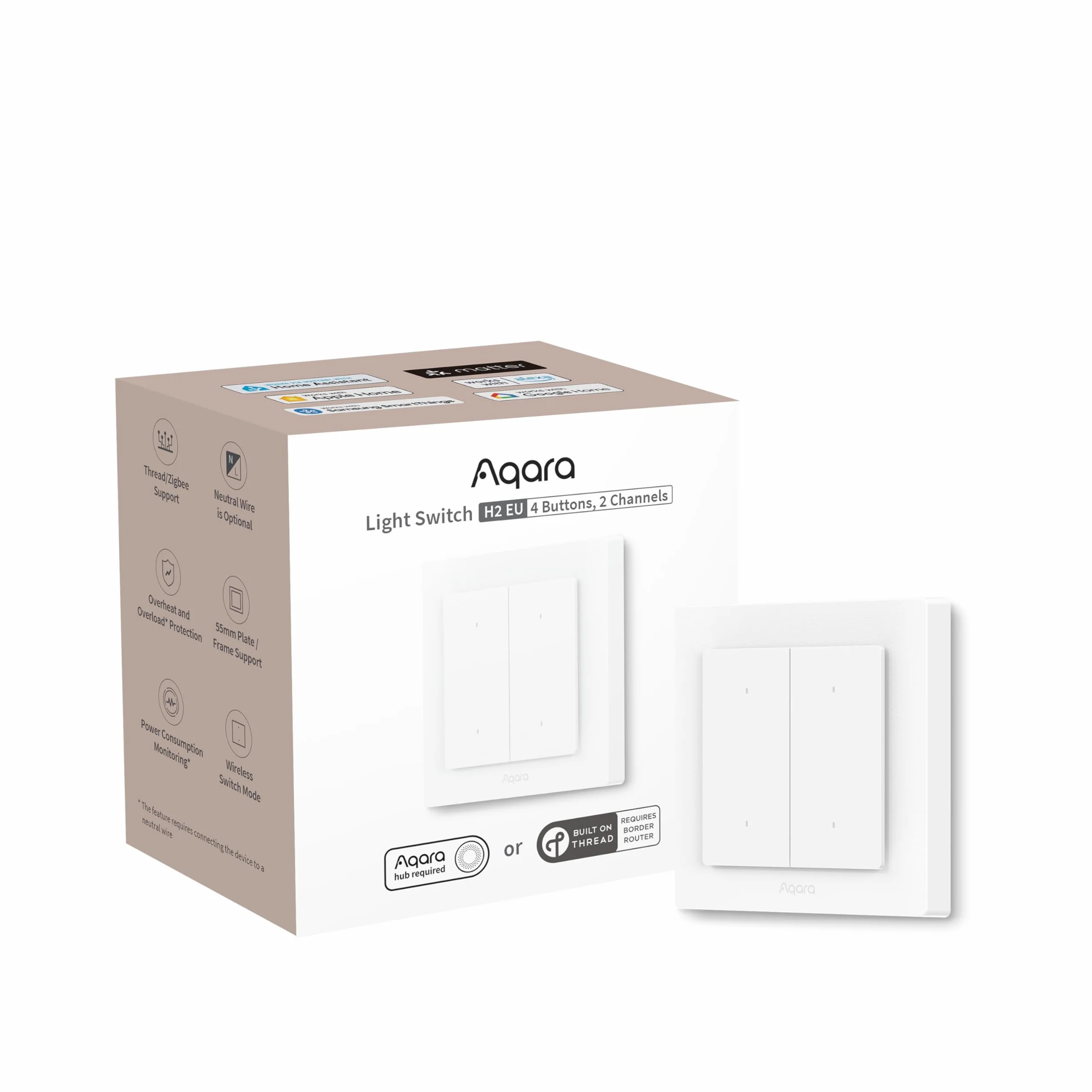 Aqara Włącznika światła H2 EU (2-w-1 Neutralny, 4 Przycisków 2 Kanały), Protokół Thread/Zigbee, Inteligentny Włącznik Ścienny, Wspiera Apple Home, Alexa, Google Home i Home Assistant, Matter