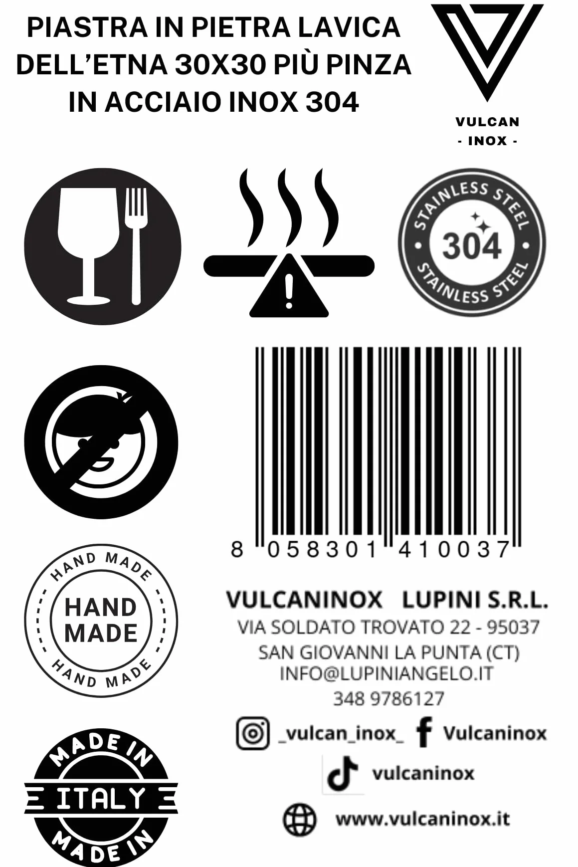 Vulcaninox ogniotrwała płyta z lawy wulkanicznej z zaciskami ze stali nierdzewnej, grill, piekarnik, wyprodukowano we Włoszech (30 x 30 x 2)