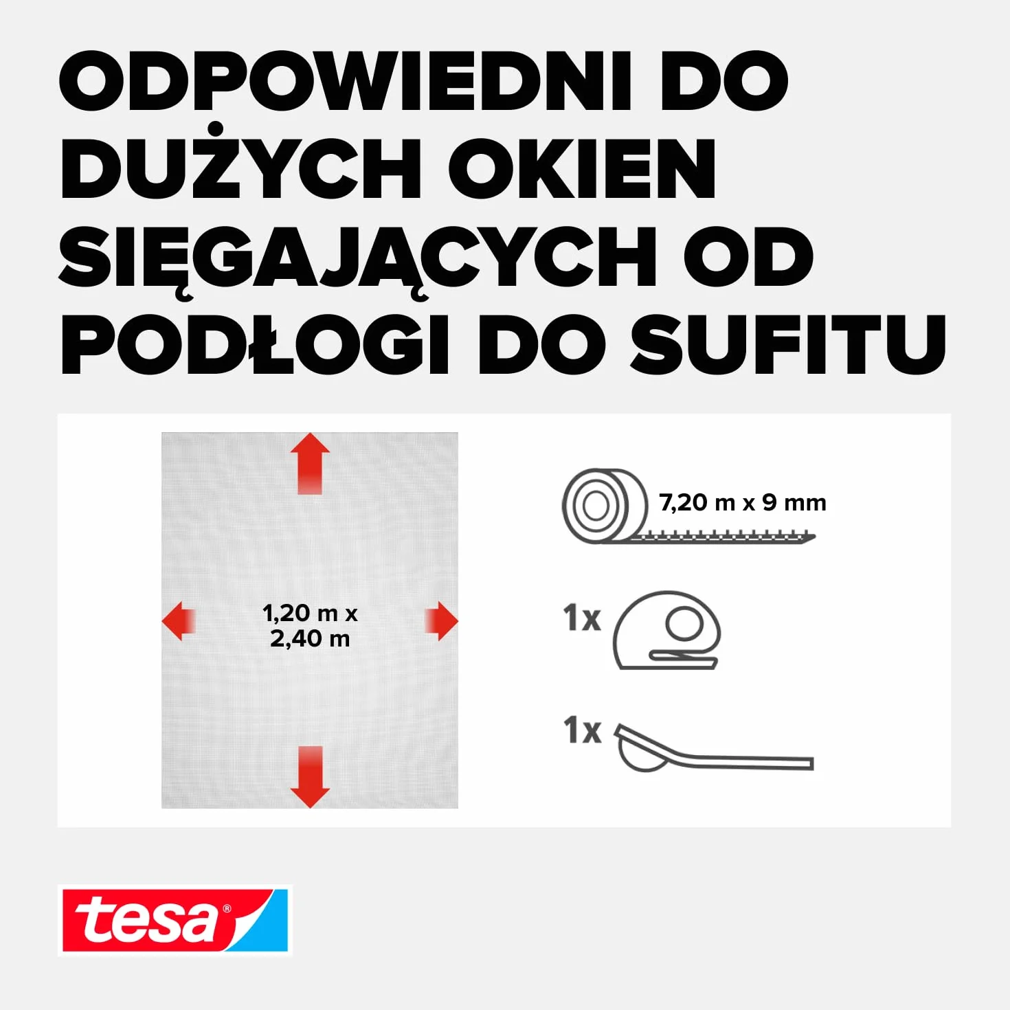 tesa Insect Stop COMFORT Moskitiera do okien o głębokości do podłogi, samoprzylepna, moskitiera bez wiercenia, antracytowa (przezroczysta), 2 x 120 cm x 240 cm, 1,2 m: 2,4 m
