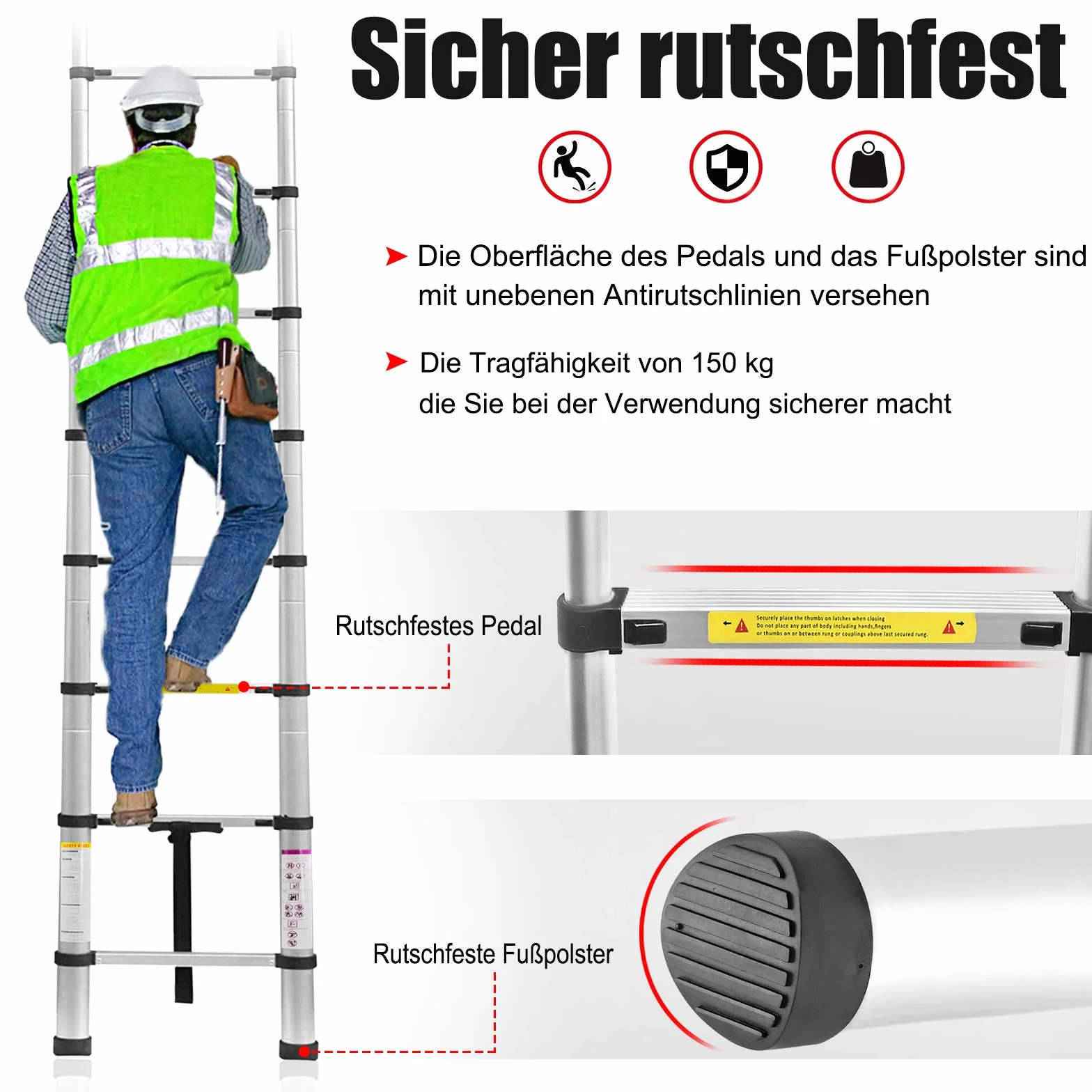 Aluminiowa drabina teleskopowa 3,8 m 13 szczebli nośność 150 kg