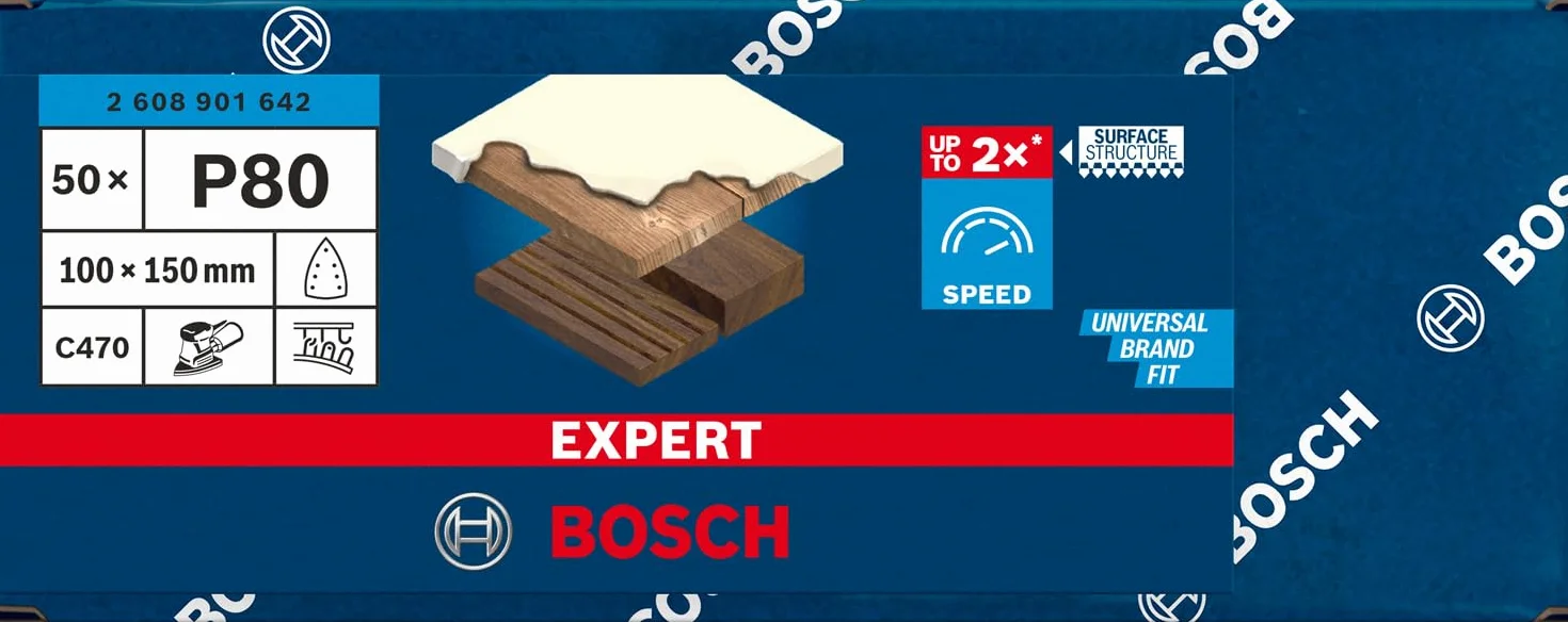 Bosch 50x Papiery ścierne EXPERT C470 z 7 otworami (do Farba na drewnie, Twarde drewno, Ø 100x150 mm, Ziarnistość 80, Professional Akcesoria Szlifierka wielofunkcyjna)
