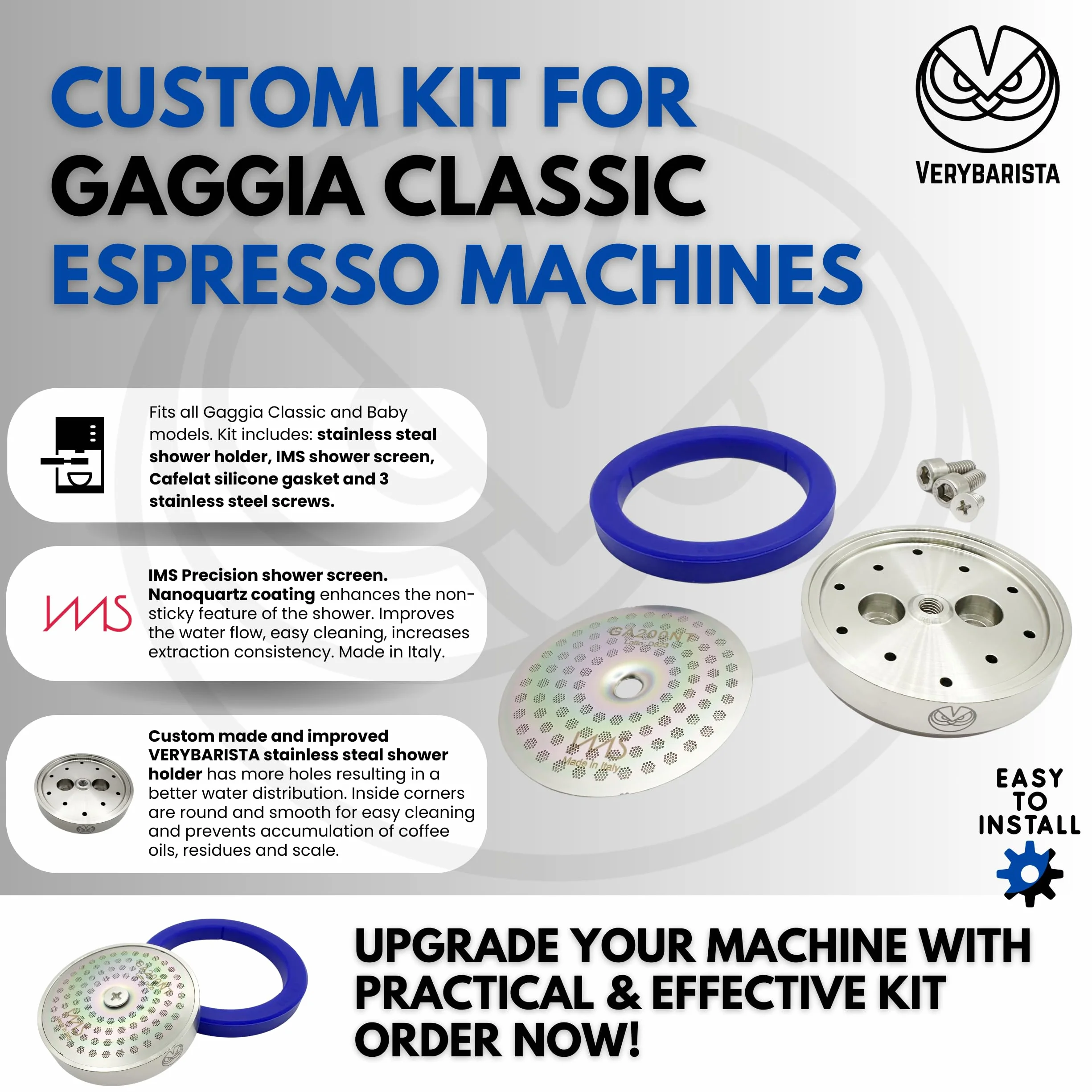 Zestaw do strojenia dla Gaggia Classic. Ulepszony uchwyt prysznicowy ze stali nierdzewnej. IMS Precision Nanotech Screen GA200NT, uszczelka silikonowa Cafelat i wszystkie śruby (zestaw do