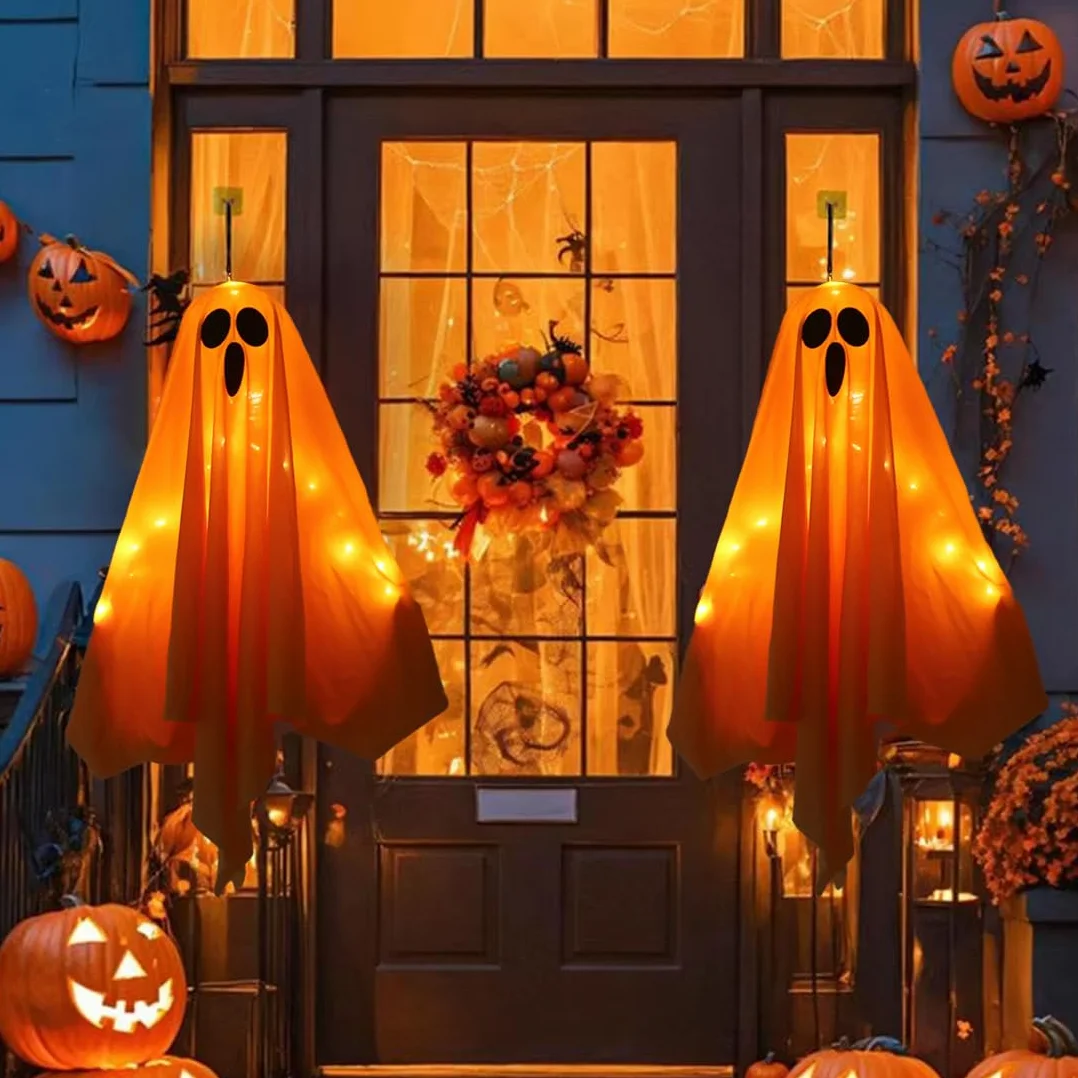Dekoracja na Halloween, 3-częściowy wiszący duch z oświetleniem, dekoracja w kształcie chorągiewki LED (pomarańczowe światło), do ogrodu na Halloween, wewnątrz i na zewnątrz