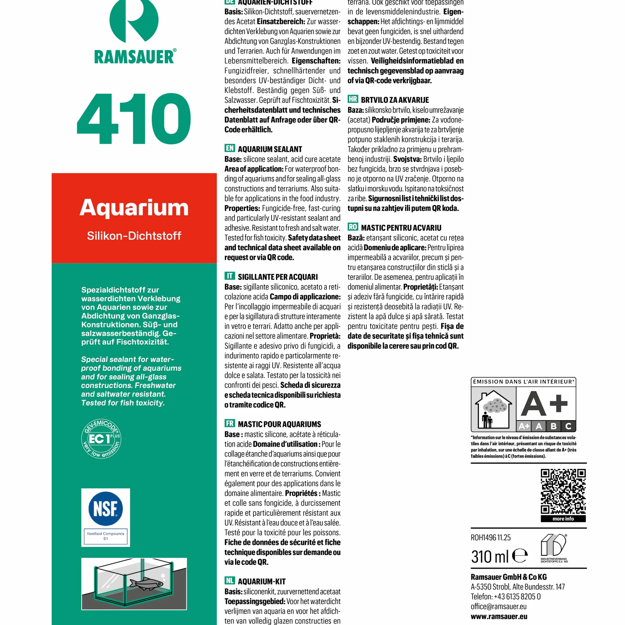Ramsauer 410 Aquarium – profesjonalny silikonowy uszczelniacz do akwariów i konstrukcji z pełnego szkła – wkład 310 ml (przezroczysty)