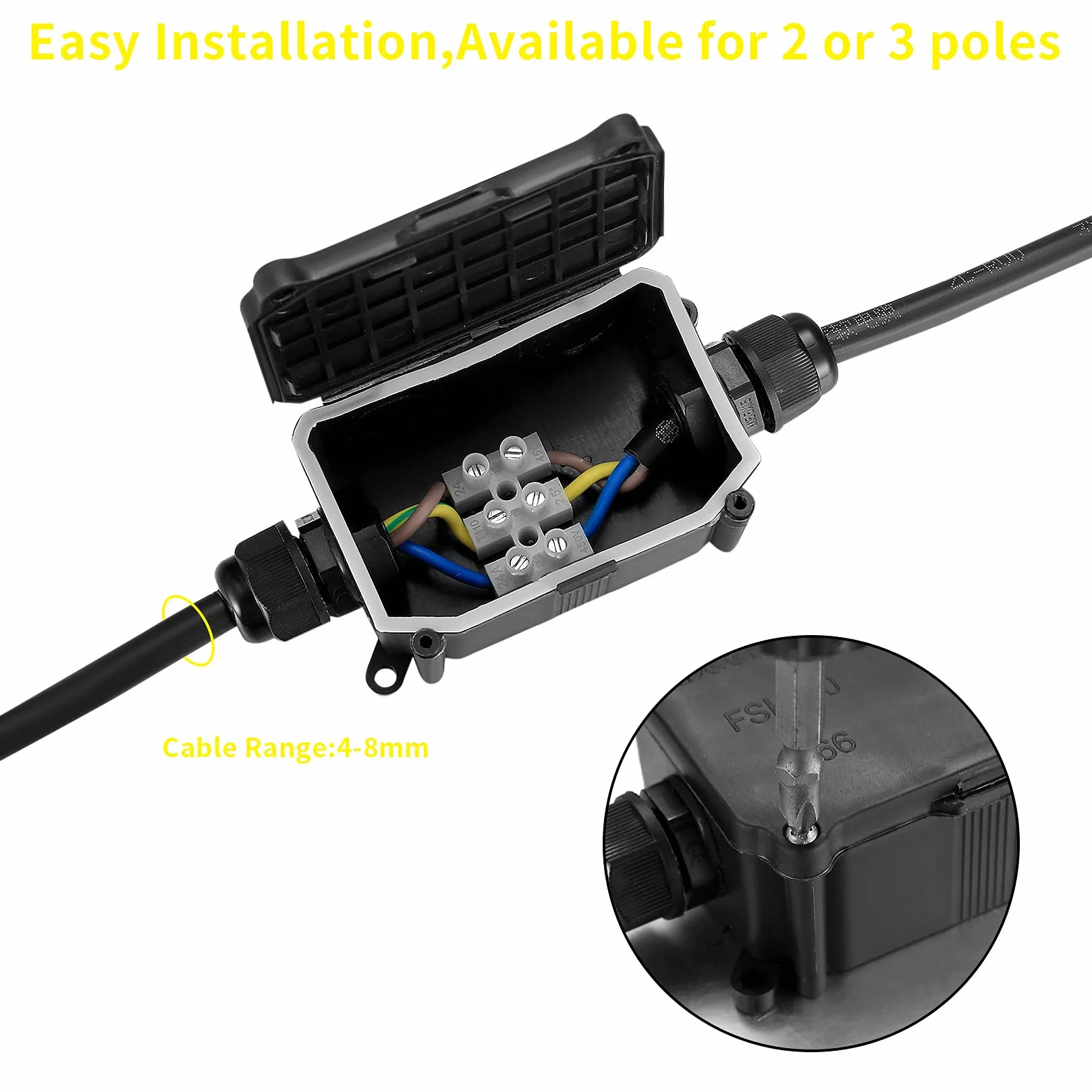 4 Szt. Puszka łączeniowa IP66 Wodoodporna, 2-Drogowy Konektor Kabel Zewnętrzne, Czarny Przedłużacz Złącze Puszka z PG9 wkrętami dla Φ3mm-8mm & Φ6mm-10mm Kable