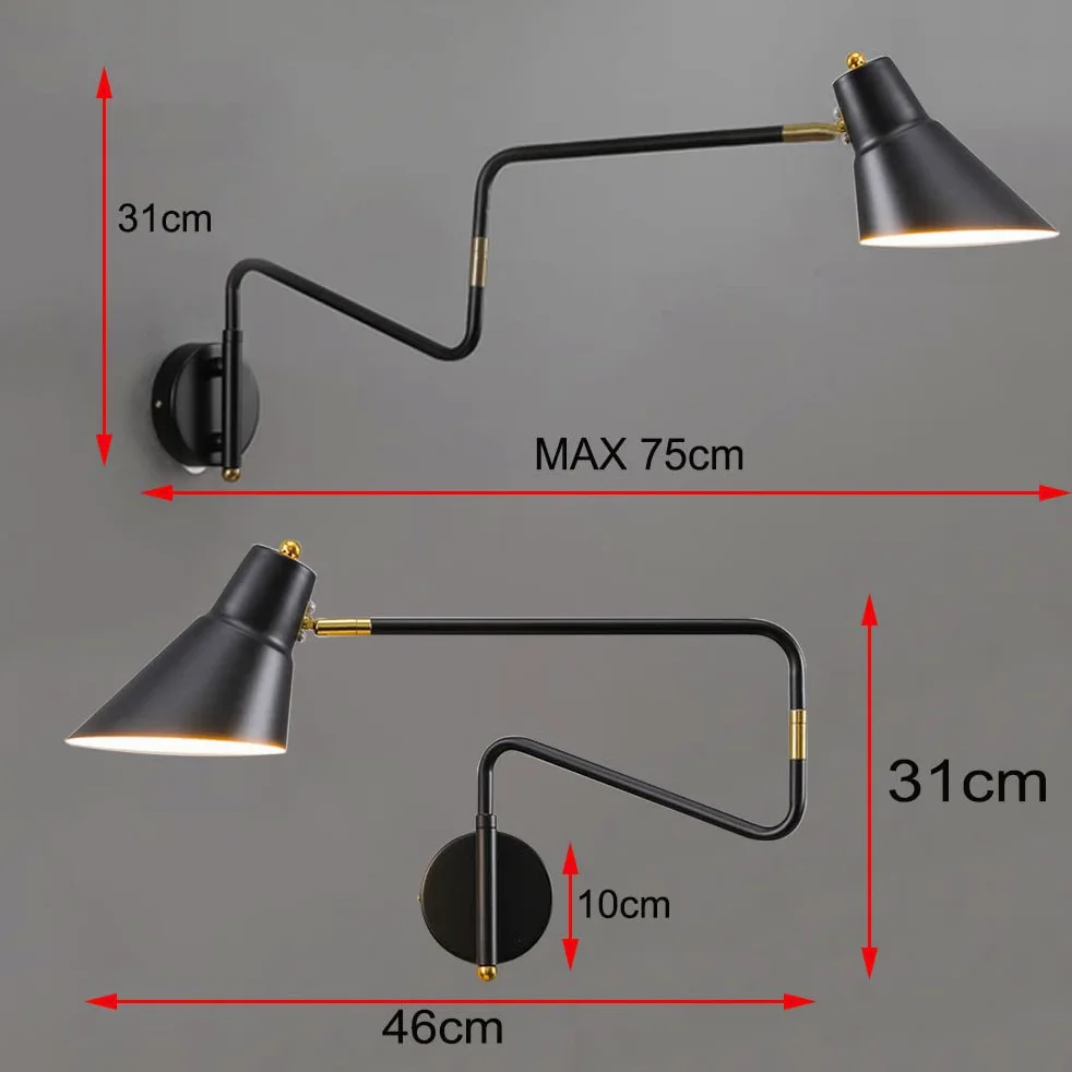Lampa ścienna przemysłowy z włącznikiem i wtyczką, Kinkiet Regulowany Metalowy Długi Ramię, Lampy ścienne do czytania z kablem Regulowana lampka nocna sypialnia lampa do salonu wewnętrzne E27,Black