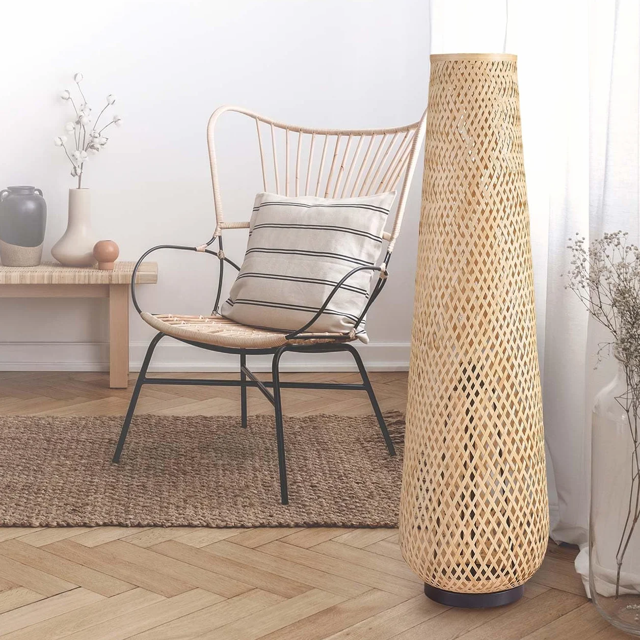 Goldlux Lampa Podłogowa Sanico ZANZIBAR 1xE27 Naturalna Beżowa w Stylu Boho IP20 Metal Bambus - 330130