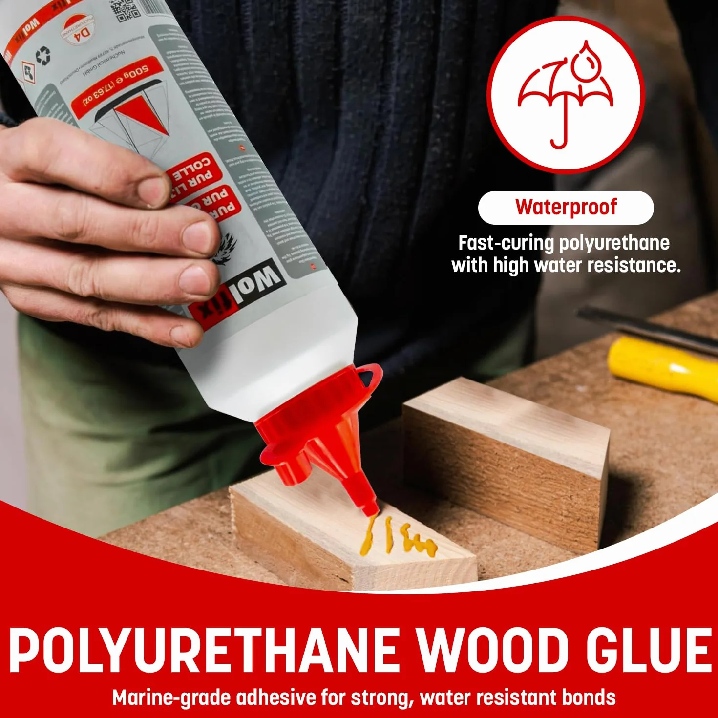 Wolfix Klej Do Drewna Wodoodporny D4 500g - Błyskawiczny, Bardzo Mocny Do Metalu i PUR, PCW, Montażowy, Majsterkowania - Szybkoschnąca Masa Szpachlowa W Płynie
