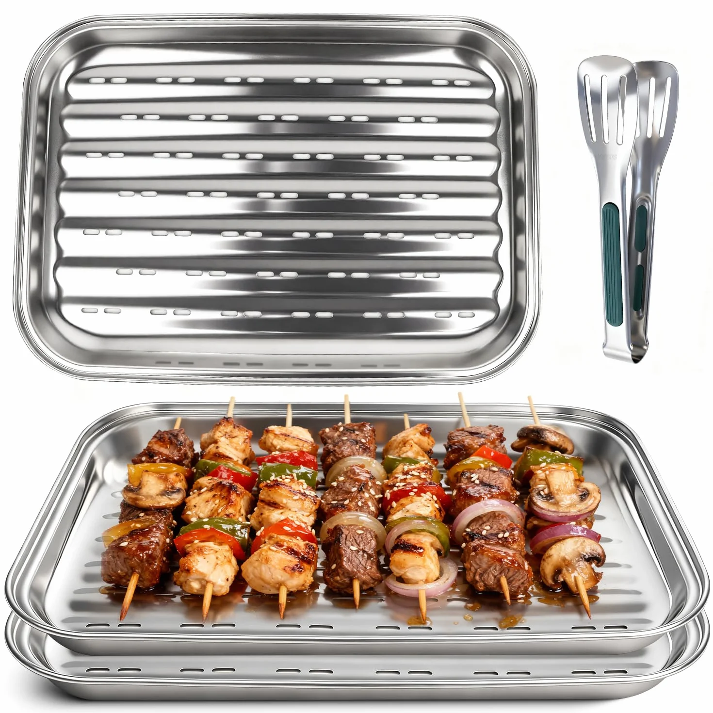 tacki do grilla ze stali nierdzewnej 3 sztuki, tacka do grilla ze stali nierdzewnej z 1 szczypcami do grilla, 34,9x24,5x2,7 cm, srebrne tacki do grillowania warzyw, wielokrotnego użytku z