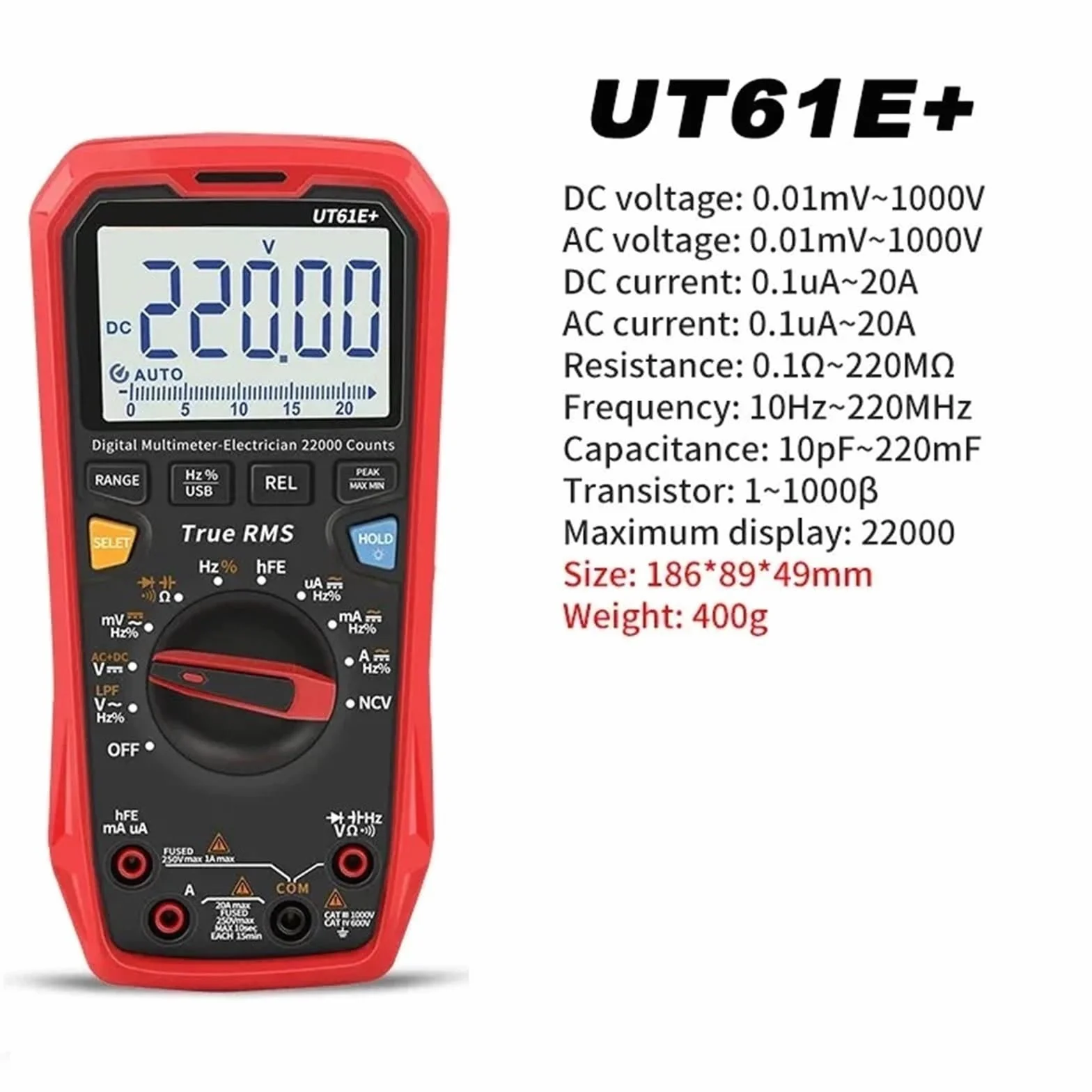 UT61E+ Cyfrowy wyświetlacz Inteligentny multimetr True RMS Wysoka precyzja 1000 V AC DC Tester napięcia 22000 zliczeń Miernik prądu