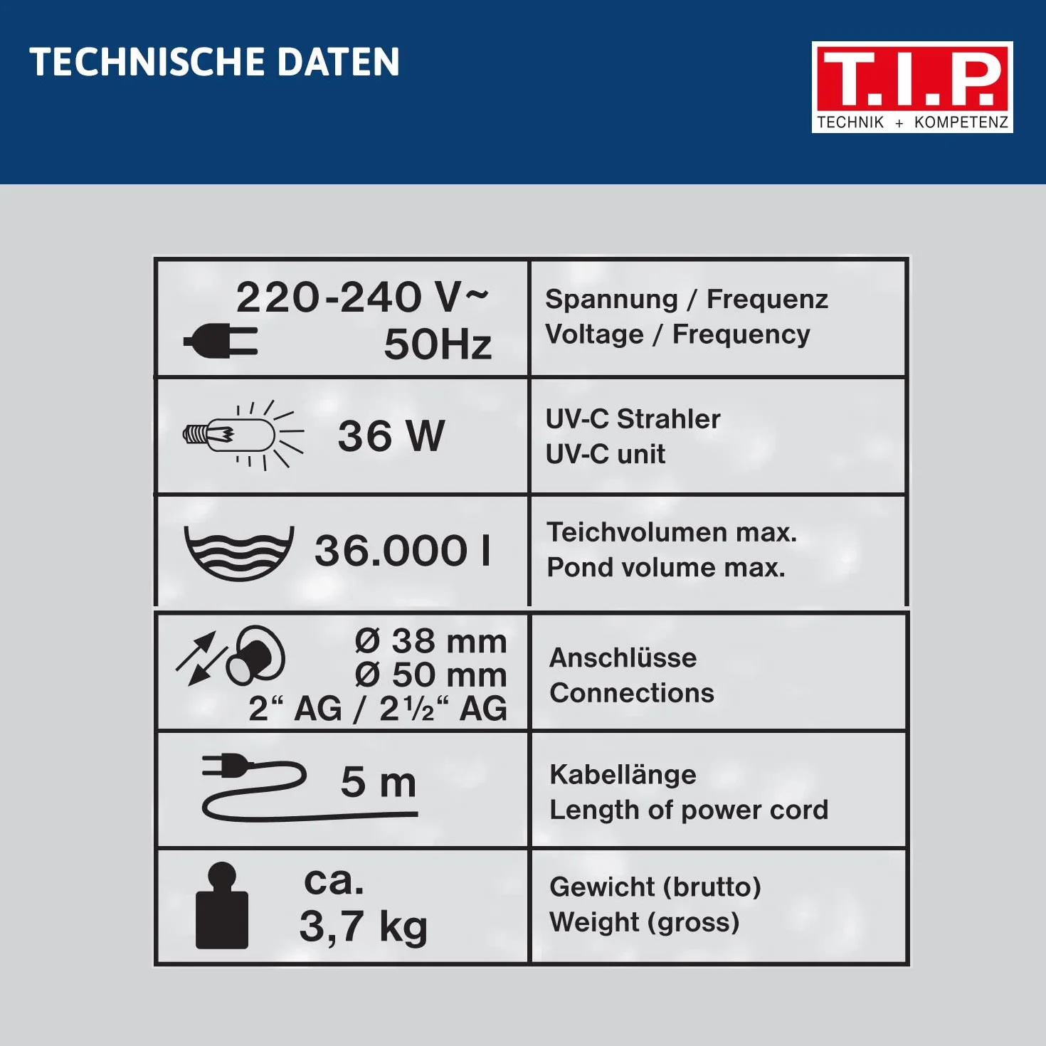 T.I.P. Promiennik UV-C ze stali nierdzewnej 36 Watt do basenów i stawów 36.000 l SPU 36000 UV