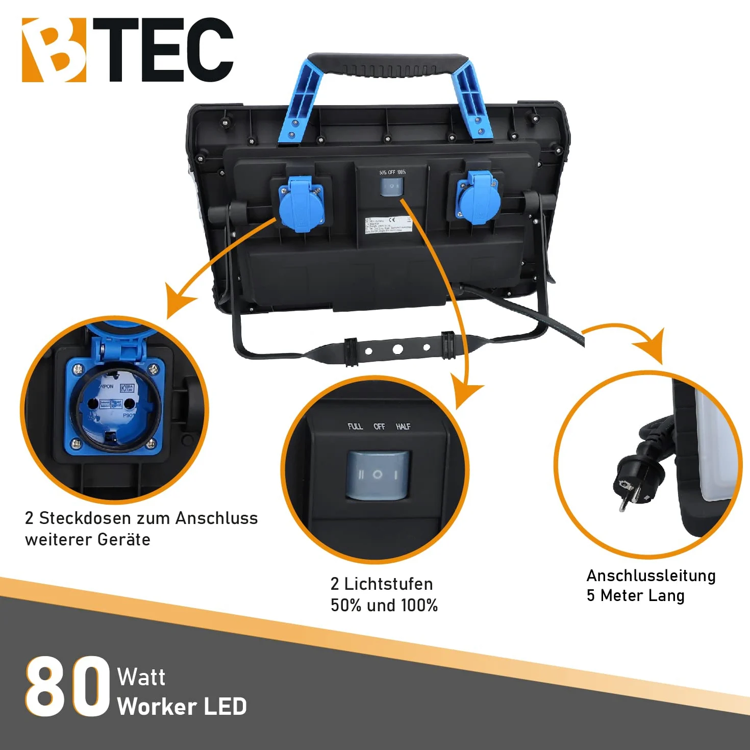 BTEC Lampa Robocza LED 80 W WorkerLed z Gniazdkiem Reflektor Budowlany do Stosowania na Placu Budowy lub jako Lampa Warsztatowa i Wiele Innych Zastosowań