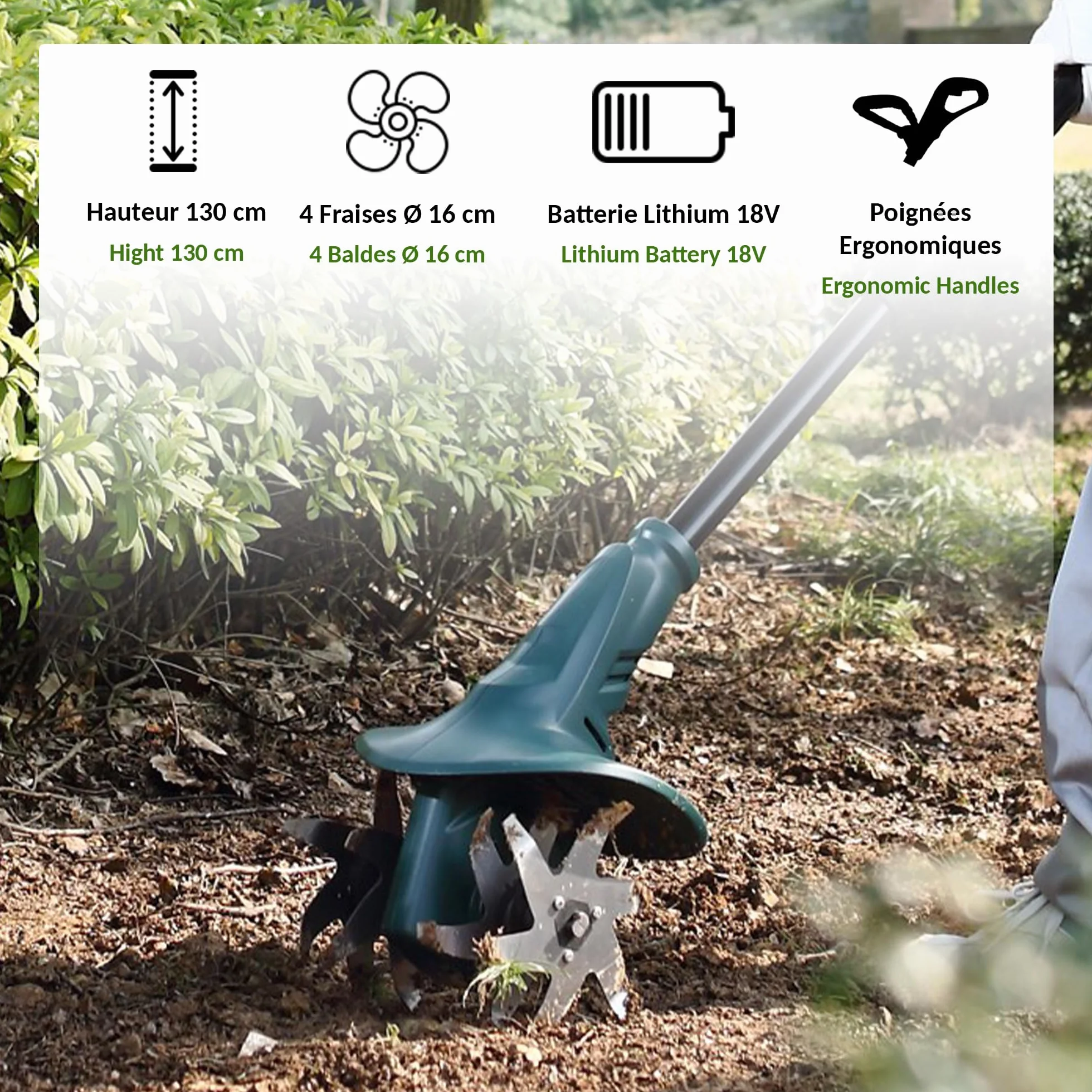 FISHTEC Bezprzewodowa glebogryzarka silnikowa z akumulatorem litowym 18 V – szerokość robocza: 20 cm – głębokość robocza: 8 cm – 4 frezy – ergonomiczny podwójny uchwyt – bateria i stacja ładująca w