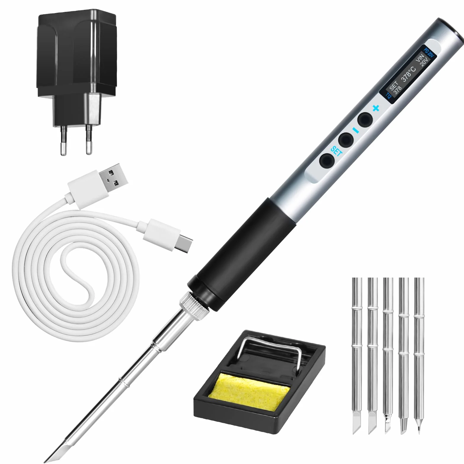Zestaw Lutownicy, Bezprzewodowa Lutownica 65 W z Wyświetlaczem OLED, 5 Grotów Lutowniczych, Szybkie Nagrzewanie 180-450 ℃, Automatyczna Hibernacja Napraw i Majsterkowania