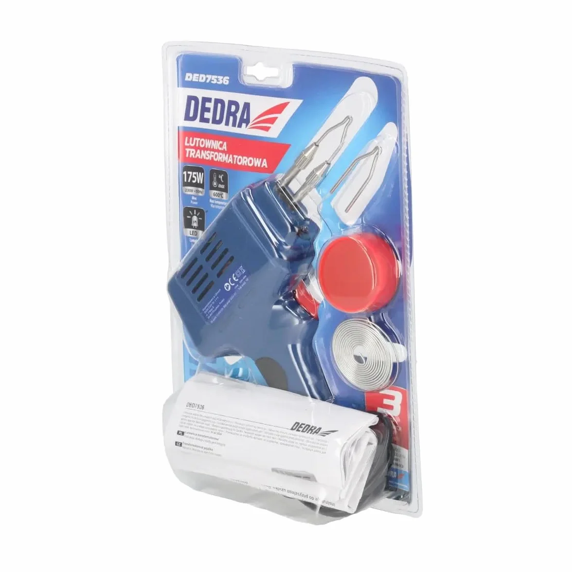 DEDRA DED7536 – 175 W Lutownica Transformatorowa z Podświetleniem LED, 600 °C, Rękojeść Ergonomiczna, Zestaw: 2 Groty + Cyna + Pasta