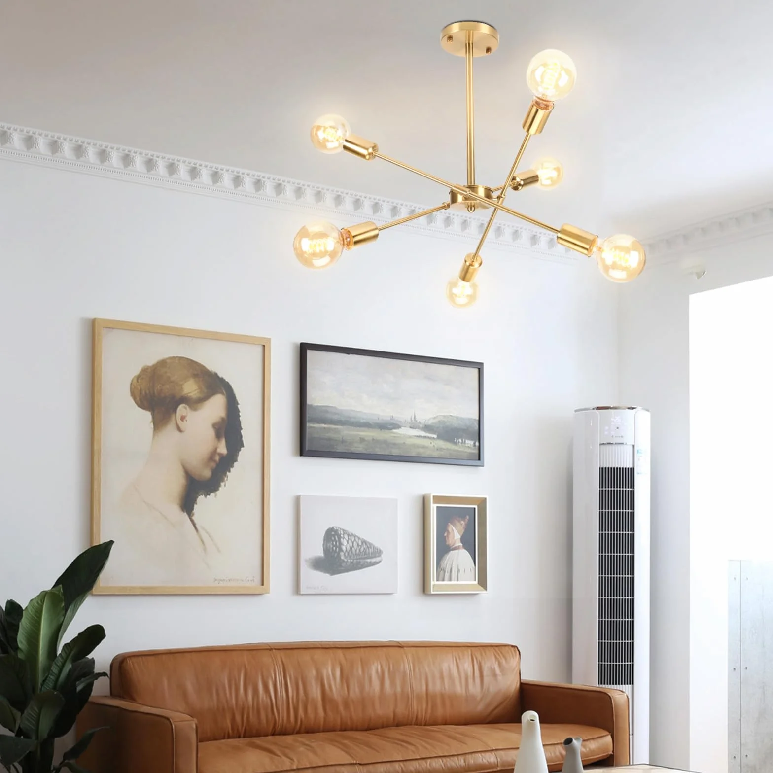 iDEGU żyrandol przemysłowy, 6 świateł, lampa sufitowa, LED, vintage, metalowa, regulowana, zawieszka, E27, oświetlenie retro, lampa sufitowa, do salonu, kuchni, jadalni, sypialni (złota)