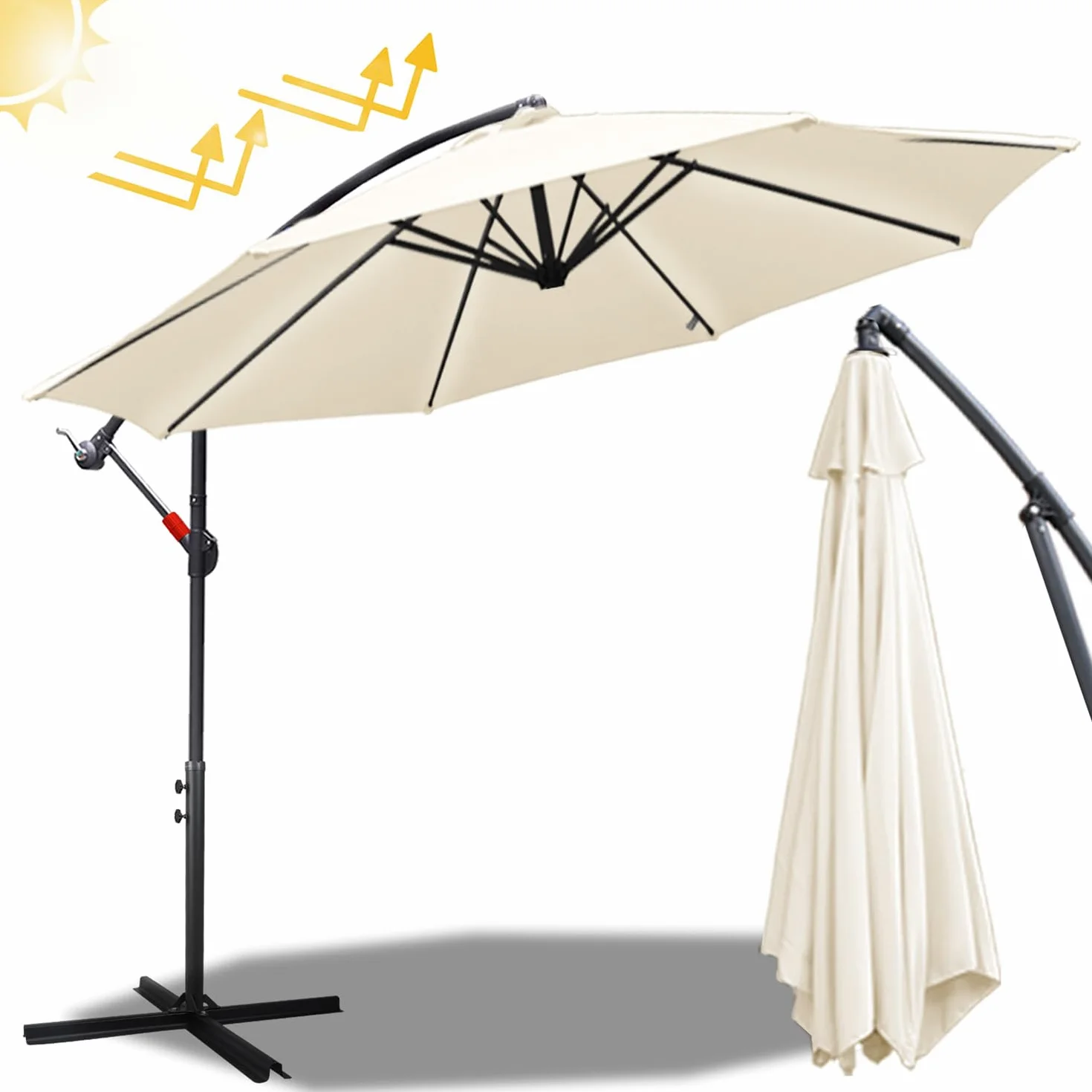 Fiqops Solarny parasol przeciwsłoneczny LED, Ø 350 cm, z korbą, aluminiowy parasol ze stojakiem, ochrona przed promieniowaniem UV, aluminium, na korbę, do ogrodu