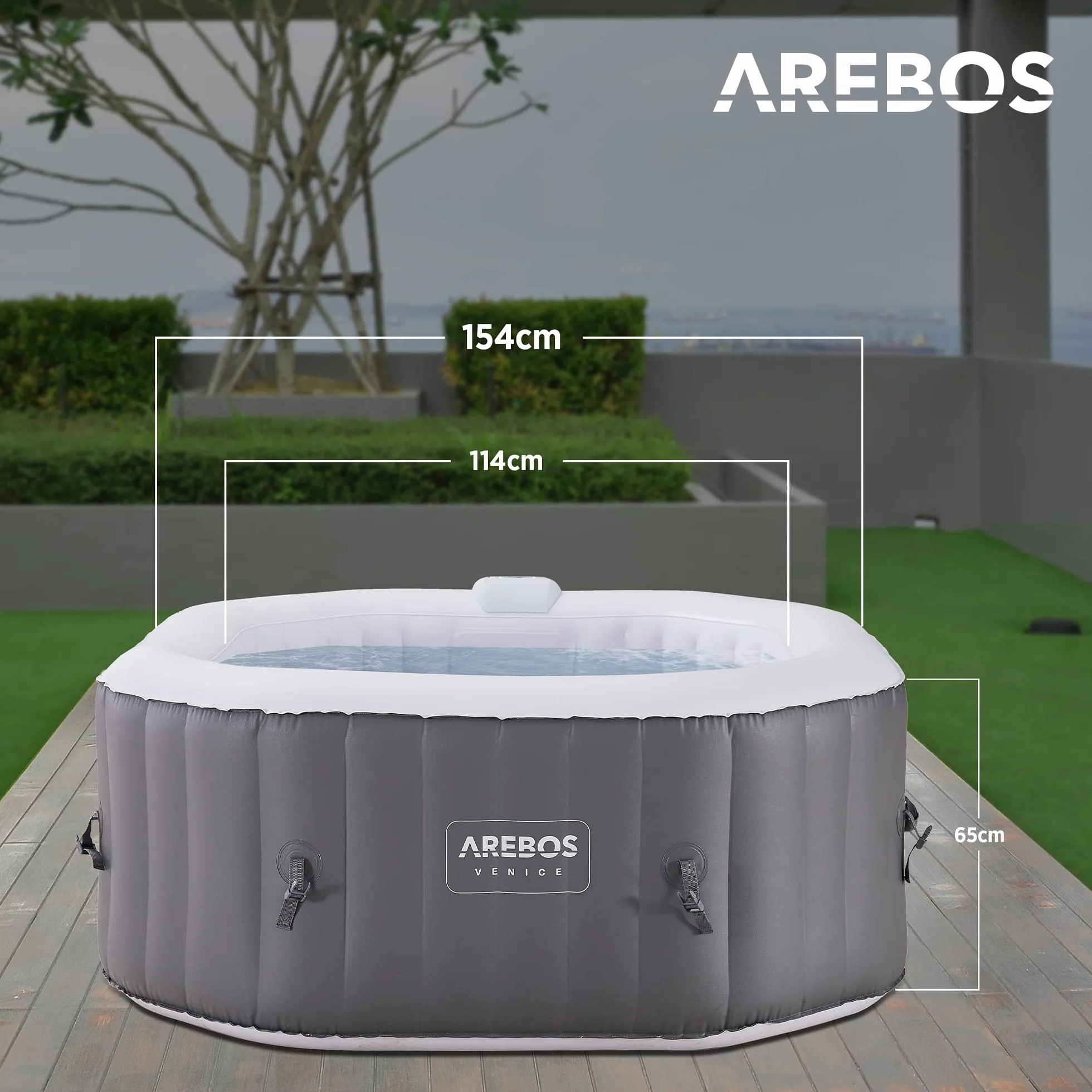 Arebos Whirlpool Pure | Nadmuchiwany | do wewnątrz i na zewnątrz | 154 x 154 cm | 4 osoby | 110 dysz do masażu | z ogrzewaniem | 600 litrów | w zestawie pokrywa | Bubble Spa & Wellness masaż