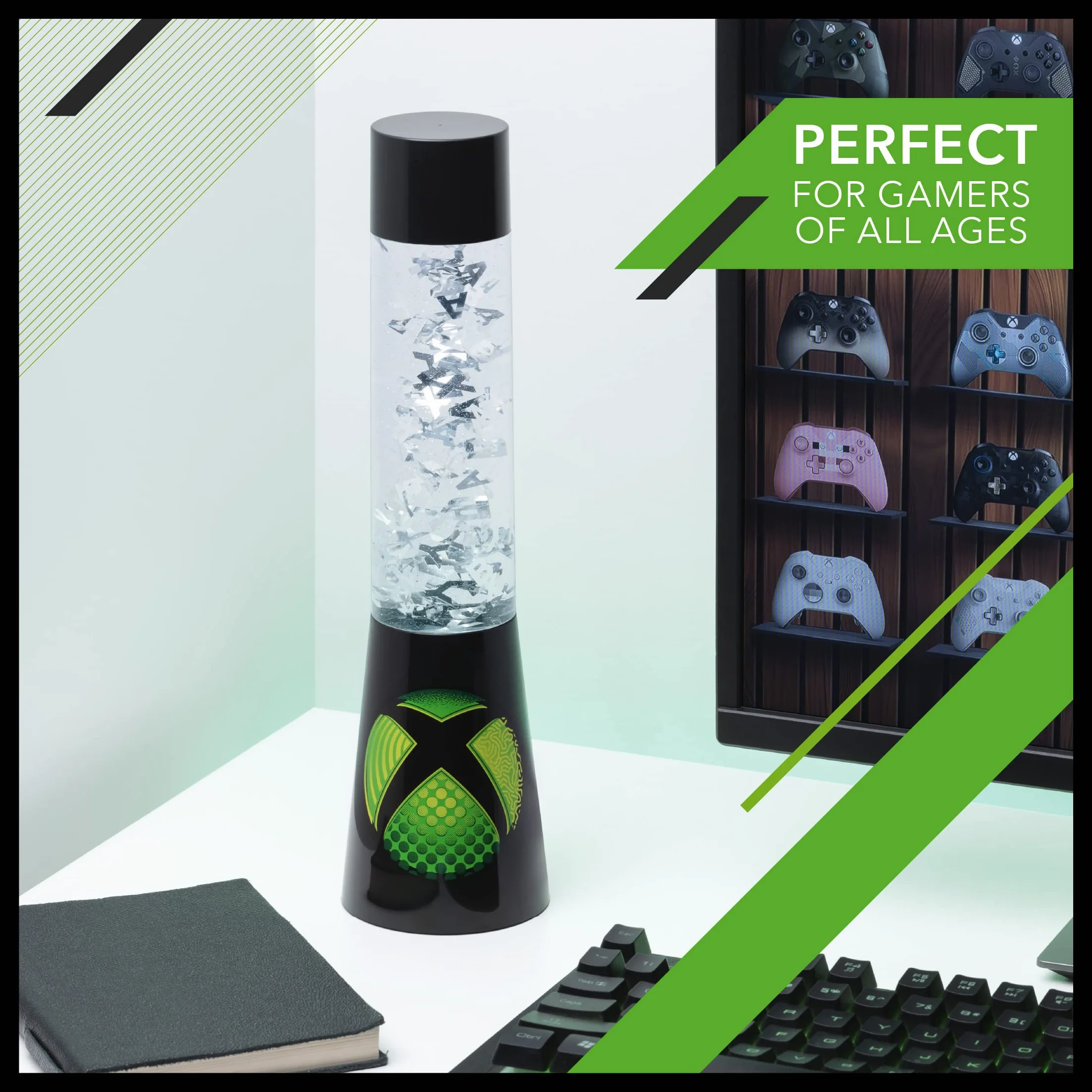 Paladone | Xbox Glitter Liquid Mood Light z pływającymi kontrolerami i ikonami | Oficjalnie licencjonowane produkty Microsoft Xbox | Lampa lawowa | Lampka nocna | Lampa biurkowa | Lampka nocna |