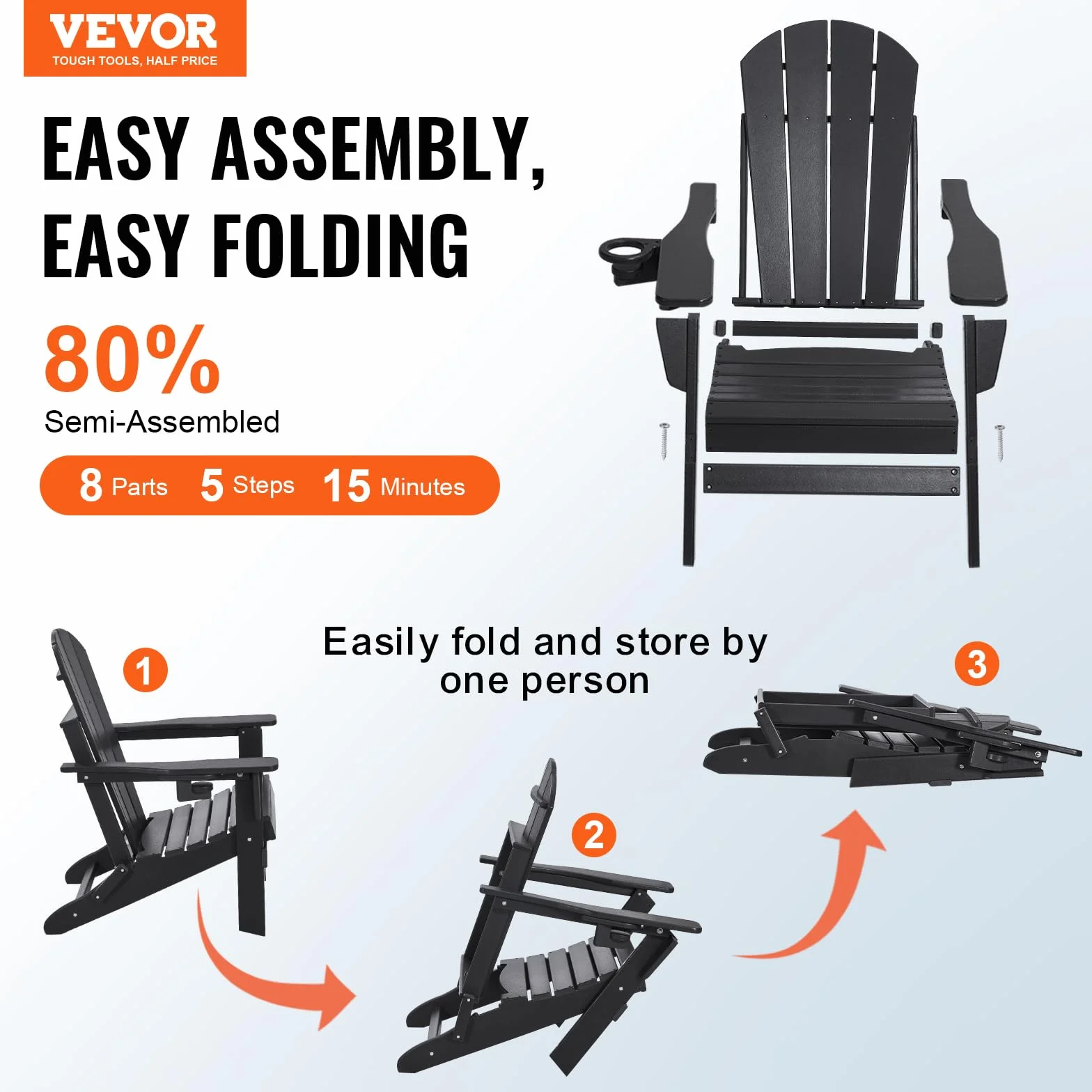 VEVOR Krzesła Adirondack z tworzywa sztucznego, zestaw 2 sztuk, odporne na warunki atmosferyczne, przenośne składane krzesła ogrodowe na patio z uchwytem na kubek, ergonomiczny relaksacyjny