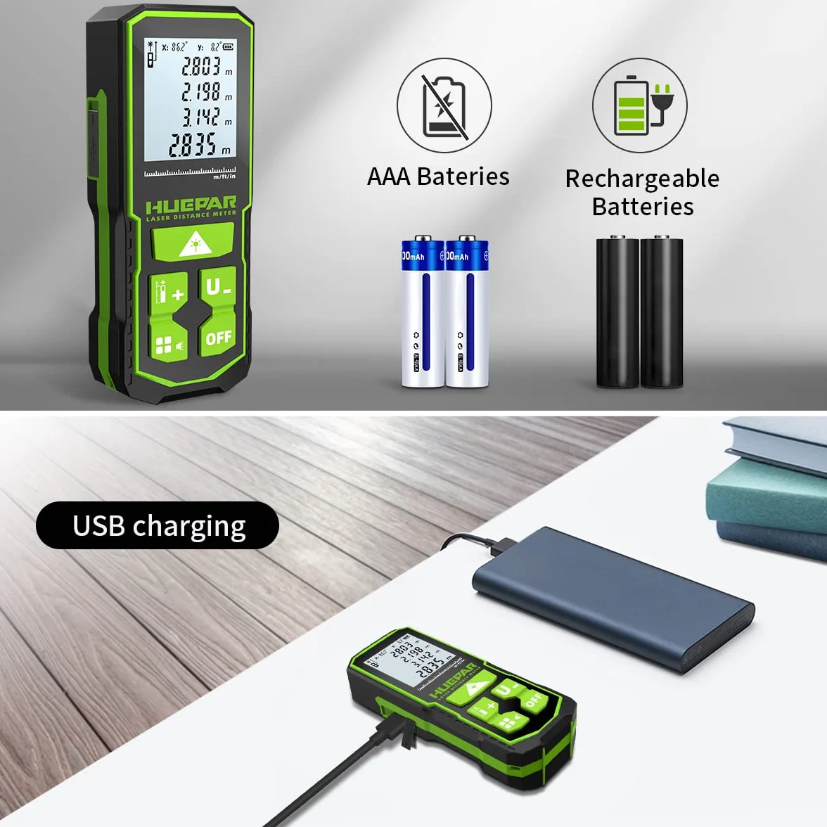 Huepar Laser Distance Measure 393Ft(120M) with Rechargeable Battery & Dual Angle Display, Laser Measure M/In/Ft with Mute Function & Multi-Measurement Modes, Pythagorean, Distance, Area&Volume-S120