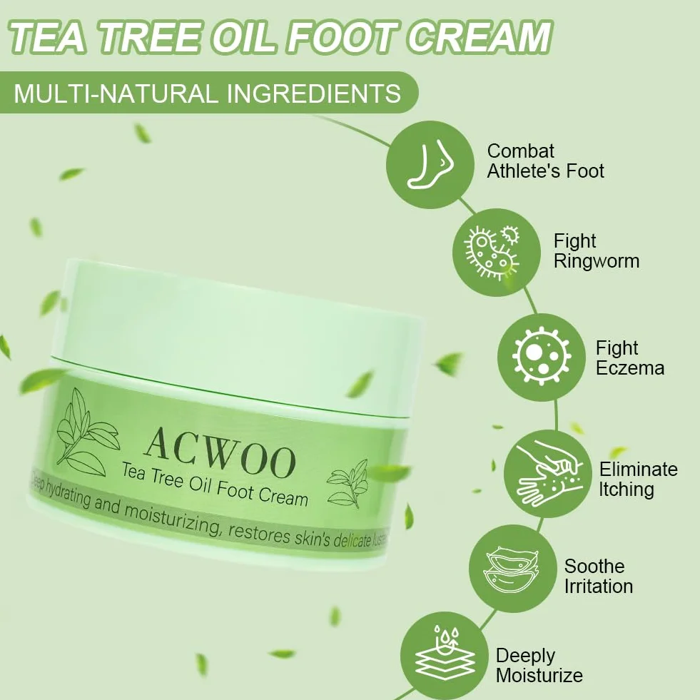 ACWOO Krem do stóp z olejem z drzewa herbacianego, 200g Intensywnie nawilżający krem do stóp, Krem do naprawy pękniętych pięt z ulgą dla stóp i dłoni, Łagodzący krem do stóp na grzybicę stóp, grzybicę