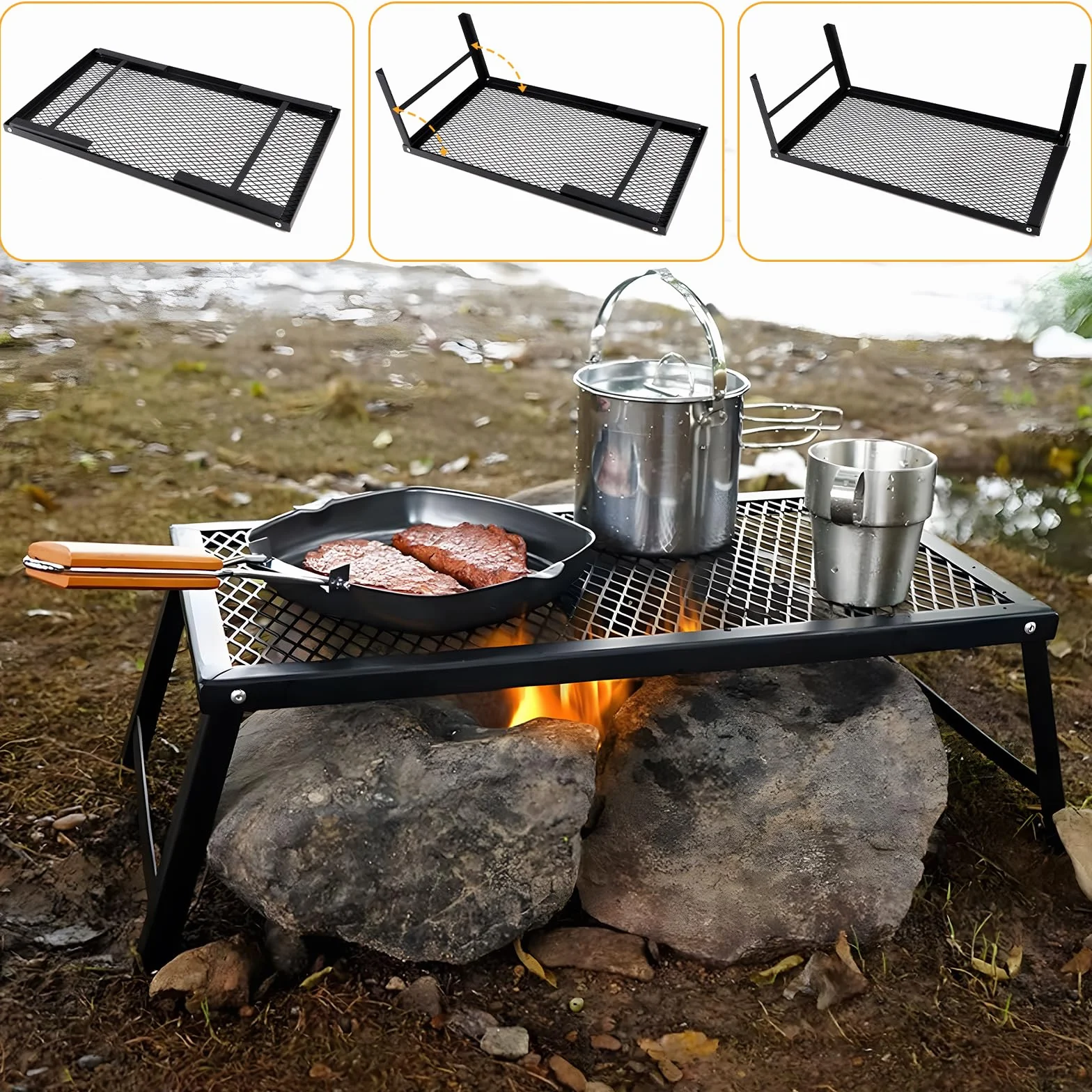 DBREAKS Składany grill na ognisko 55 x 30 x 20 cm czarny