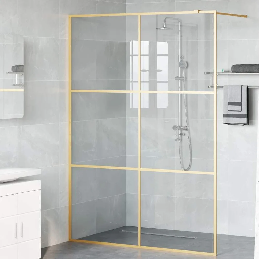 Walk-in ścianka prysznicowa złota, 140 x 195 cm, szkło hartowane, ścianka prysznicowa, ochrona przed pryskaniem, szklana ścianka z regulowanym profilem i stabilizatorem do kabiny prysznicowej