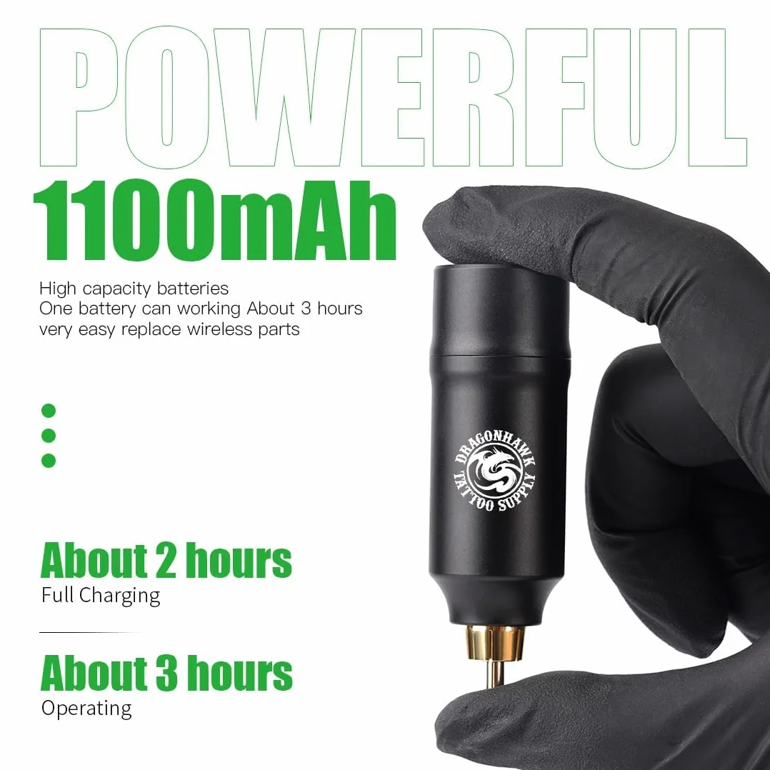 Dragonhawk Tattoo Machine Set Wireless Rotary Tattoo Pen Machine Motor Gun Wireless Battery Power Supply with RCA Jack Tattoo Cartridges Needles for Tattoo Beginners