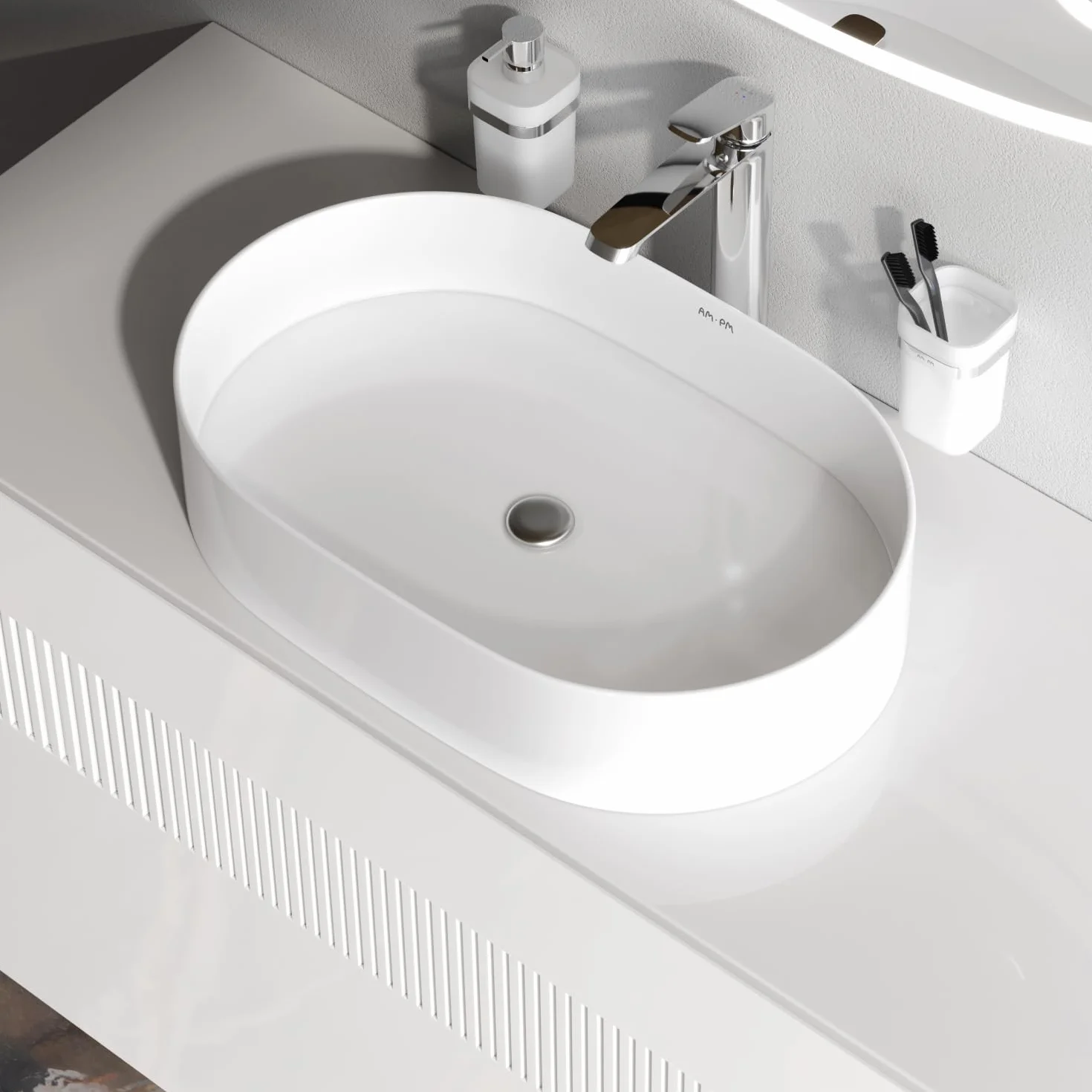 AM.PM Func - owalna umywalka nasadowa, ceramiczna umywalka do łazienki i toalety dla gości, umywalka do łazienki, umywalka nablatowa bez przelewu, łatwa instalacja – 51 x 35 x 12 cm, biała